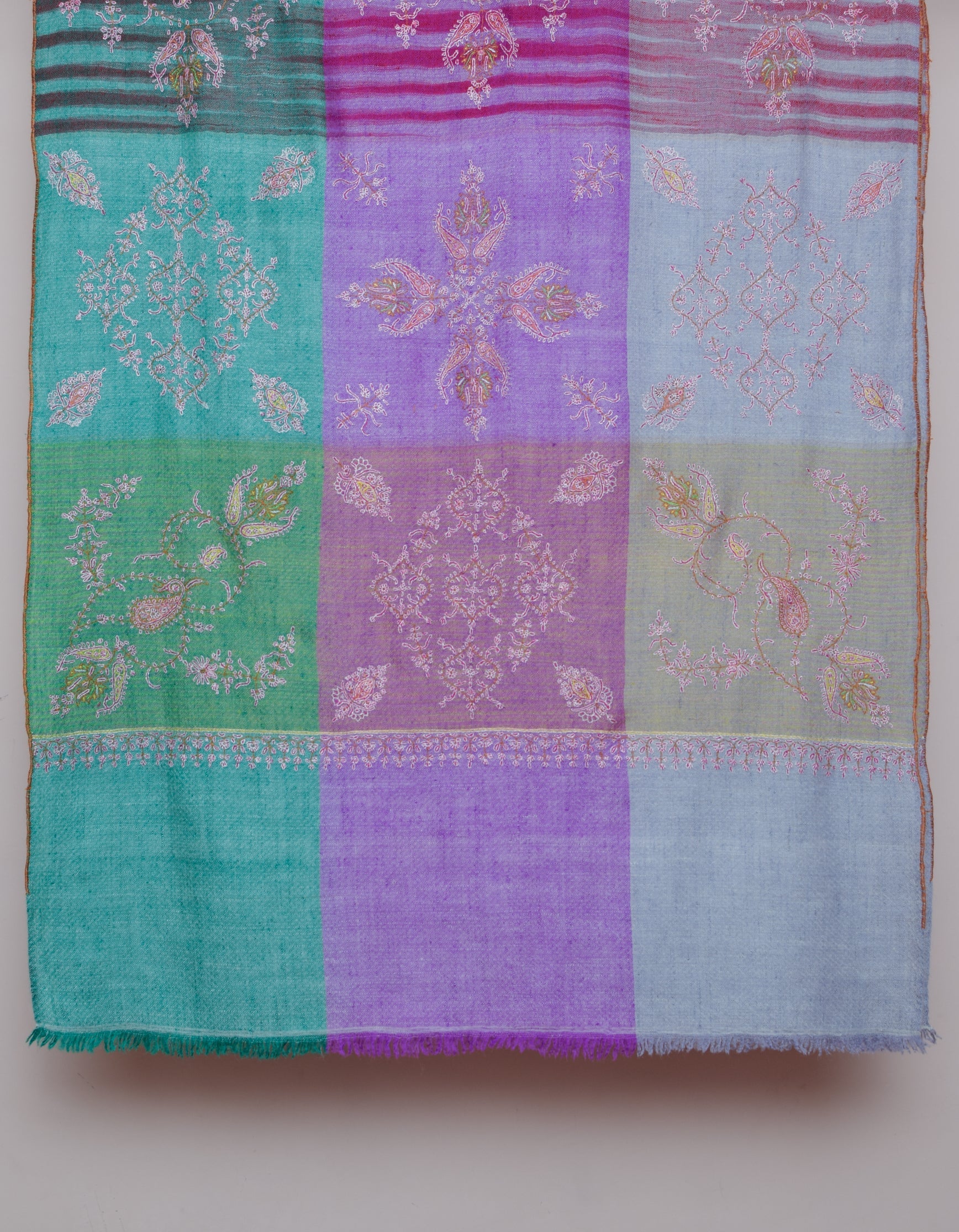 Modern Multi-Pattern Bands Handwoven Embroidered Cashmere Pashmina Stole - Kashmir Box