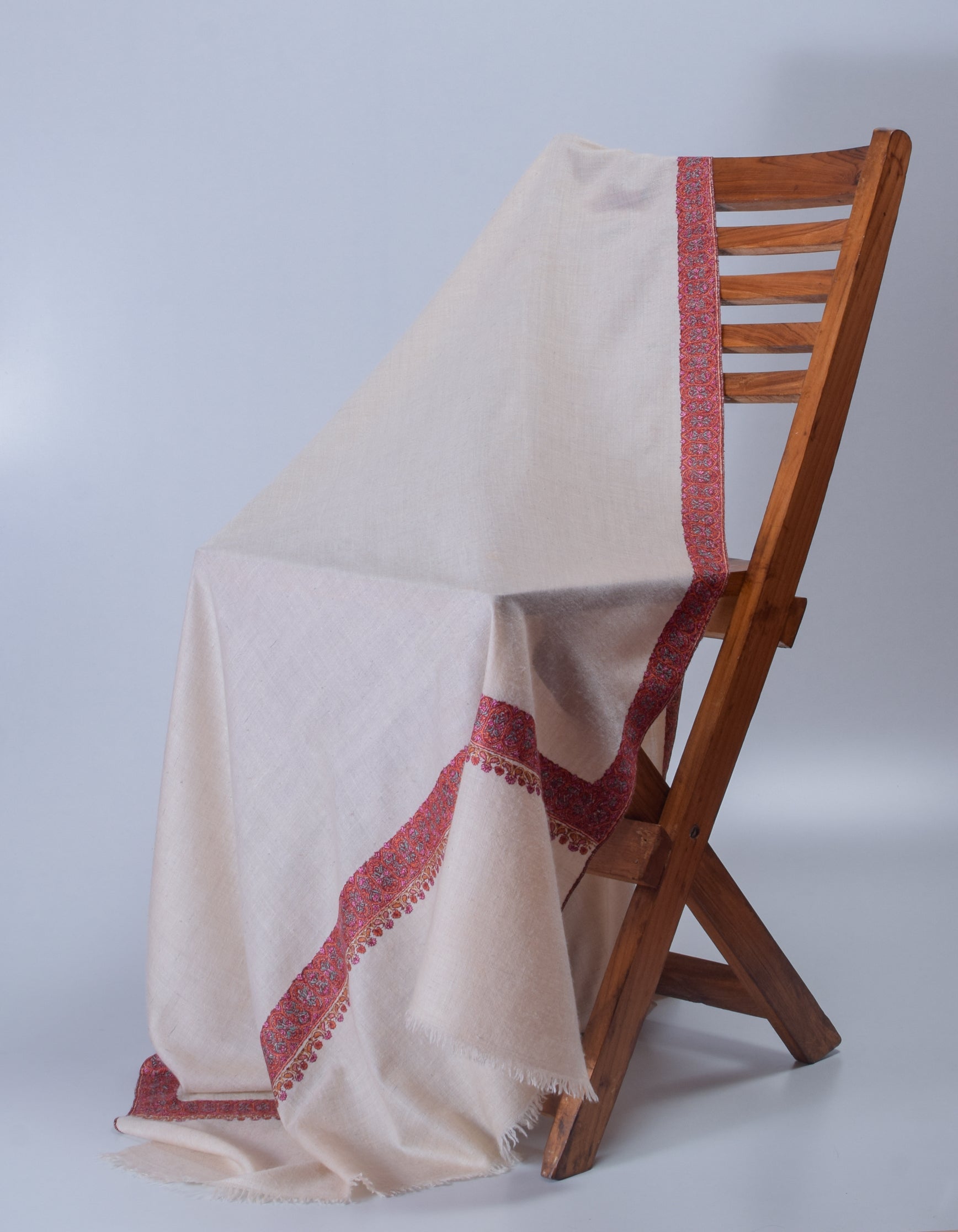 Natural Light Beige Handwoven Sozni Border Embroidered Cashmere Pashmina Shawl