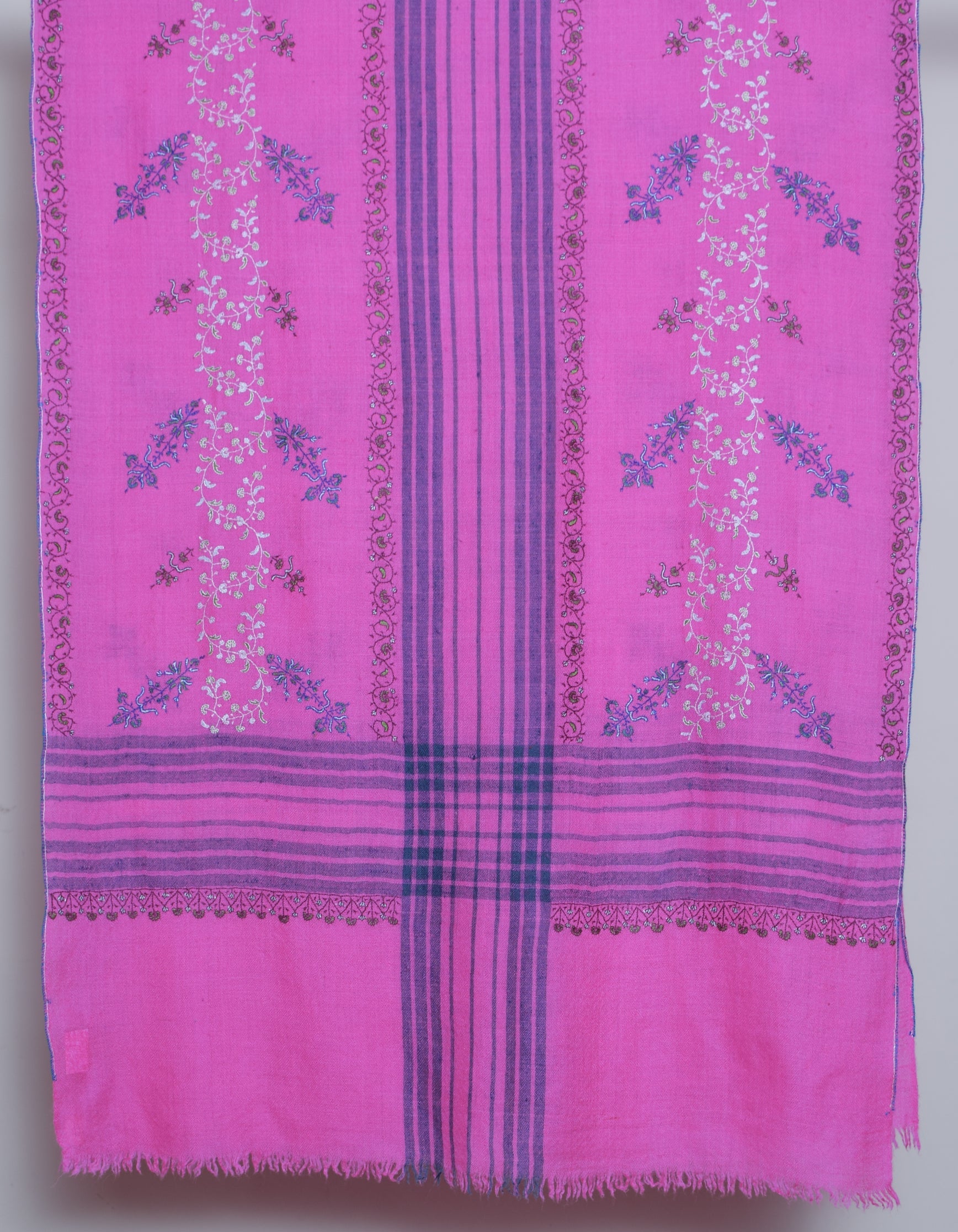 Modern Royal Pink Handwoven Stripes Embroidered Cashmere Pashmina Stole