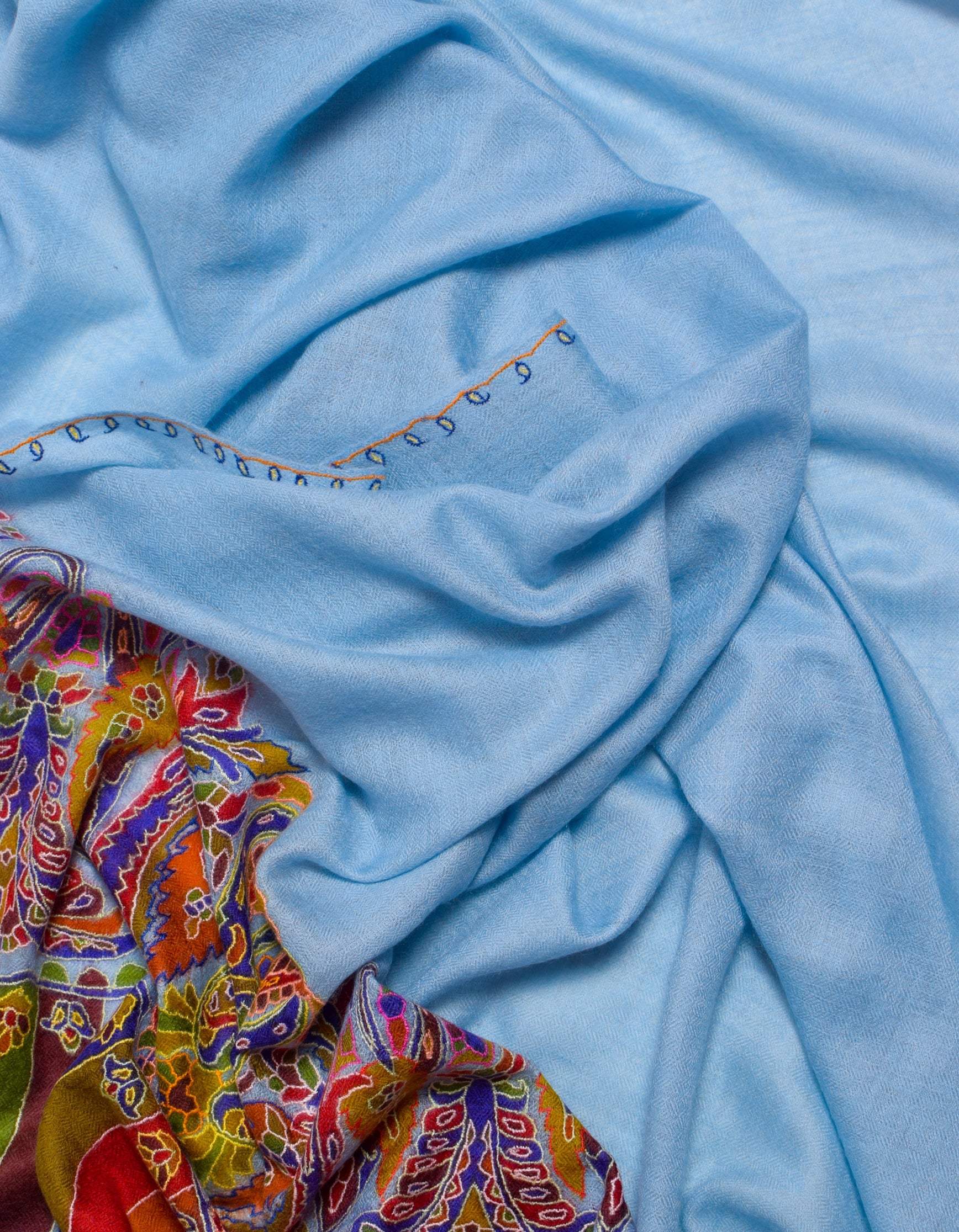 Cloudy Blue Kani Pattern Handwoven Detailed Embroidered Cashmere Pashmina Shawl - Kashmir Box