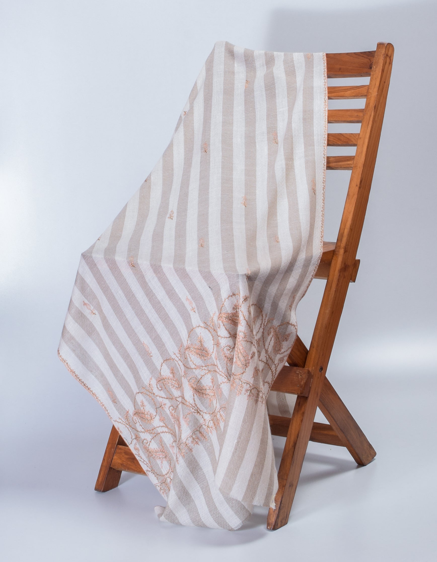 Natural Cream n Grey Stripes Handwoven Sozni Embroidered Cashmere Pashmina Stole - Kashmir Box