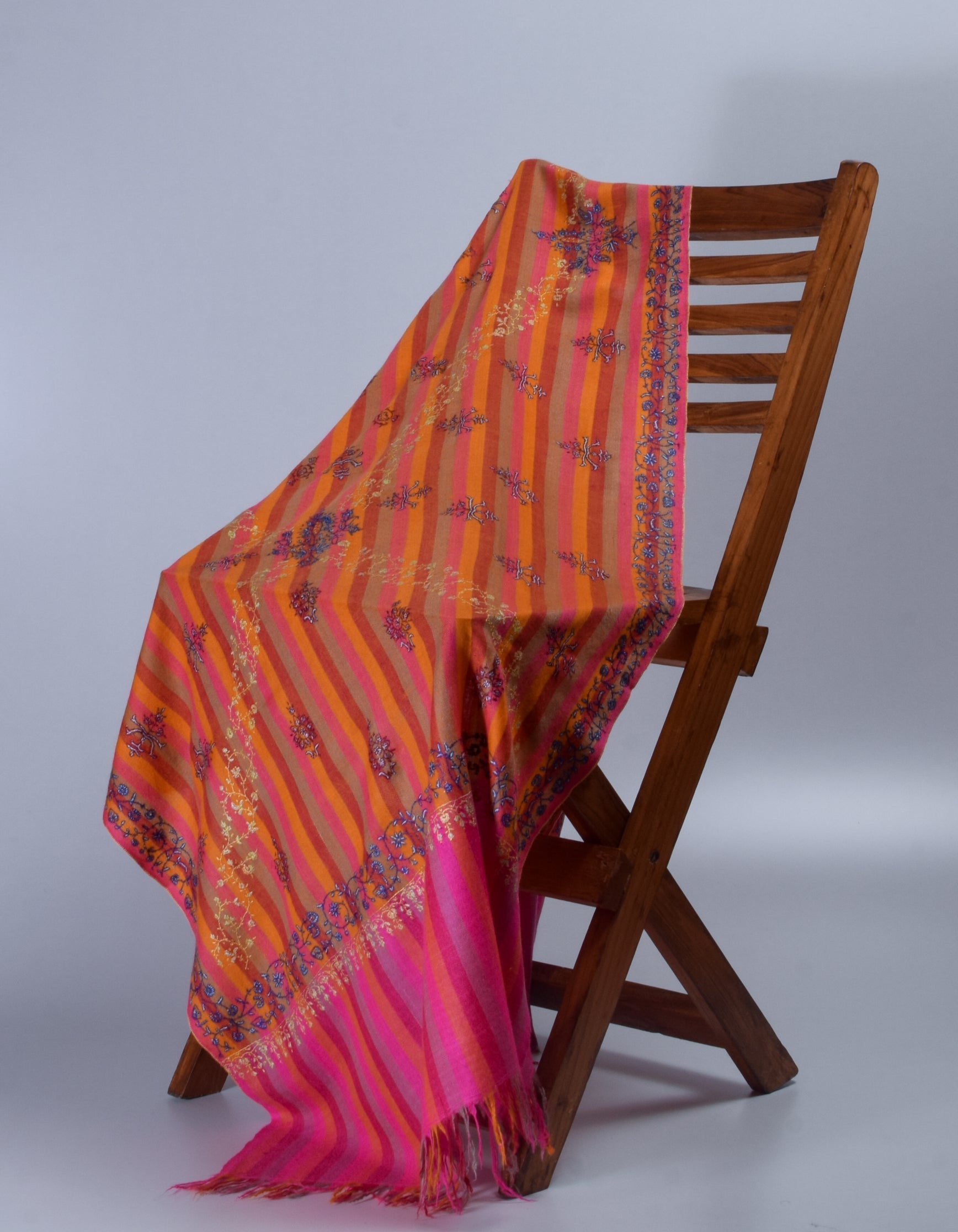Modern Multicoloured Stripes Handwoven Sozni Embroidered Cashmere Pashmina Stole - Kashmir Box