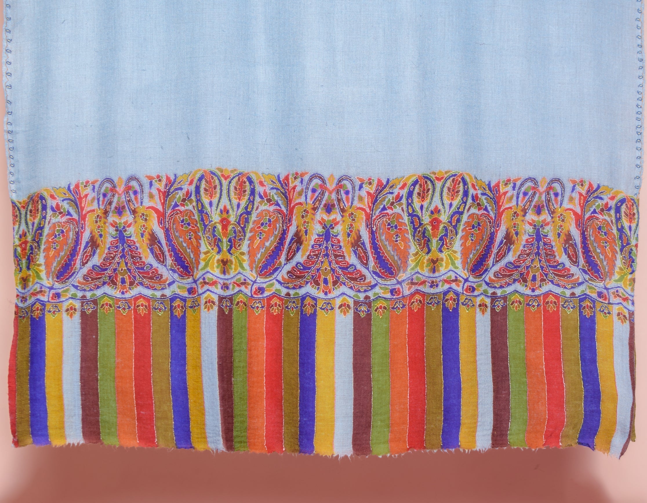 Cloudy Blue Kani Pattern Handwoven Detailed Embroidered Cashmere Pashmina Shawl - Kashmir Box