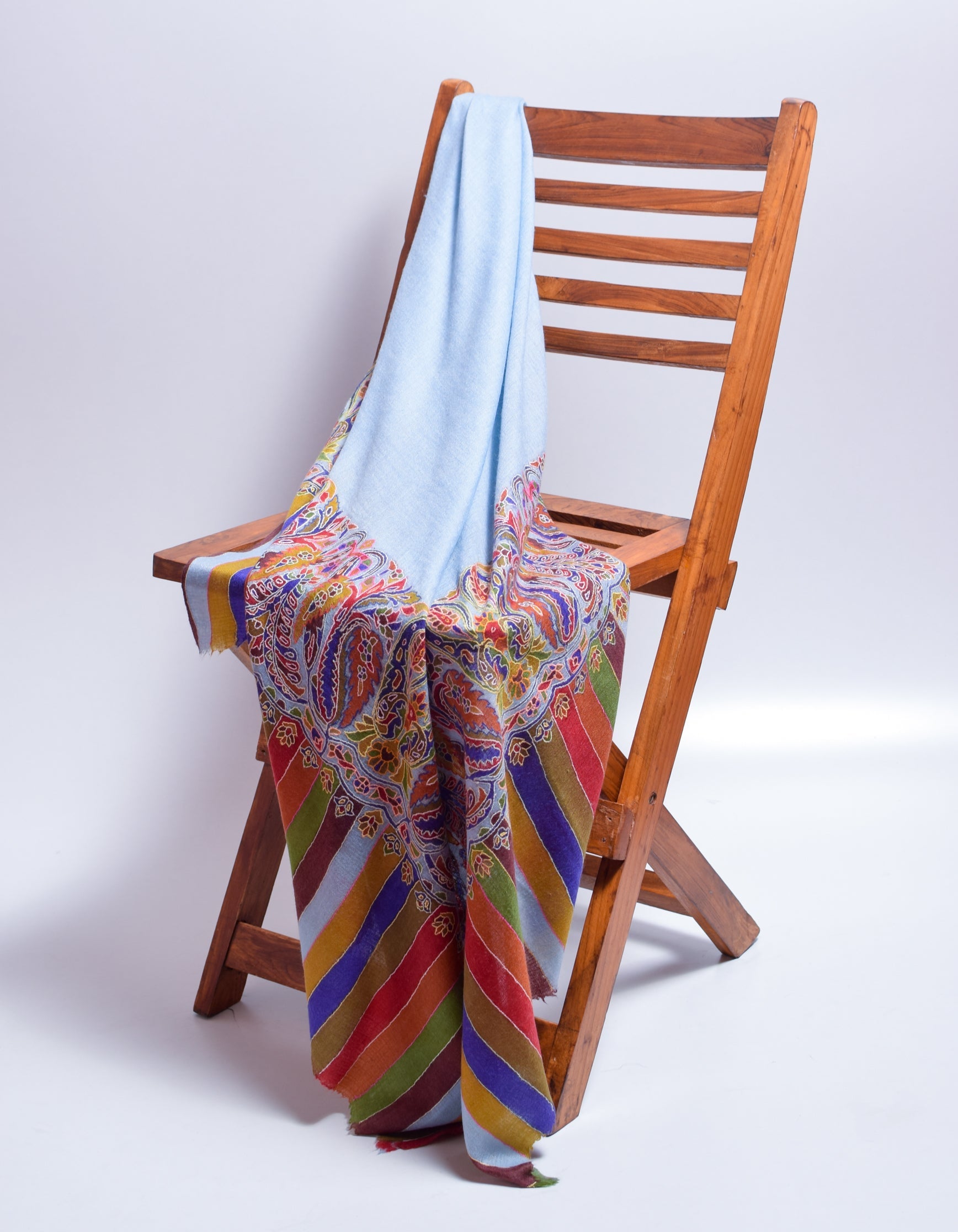 Cloudy Blue Kani Pattern Handwoven Detailed Embroidered Cashmere Pashmina Shawl - Kashmir Box