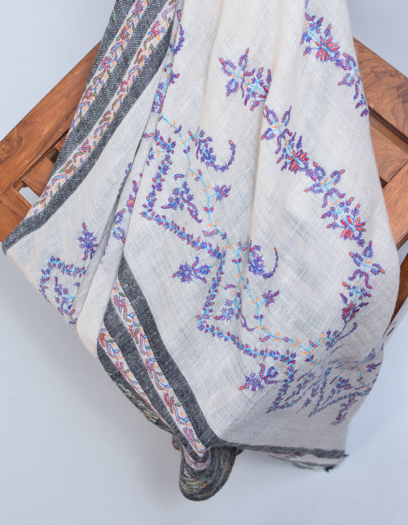 Modern Cream Multi-Pattern Handwoven Embroidered Cashmere Pashmina Stole - Kashmir Box