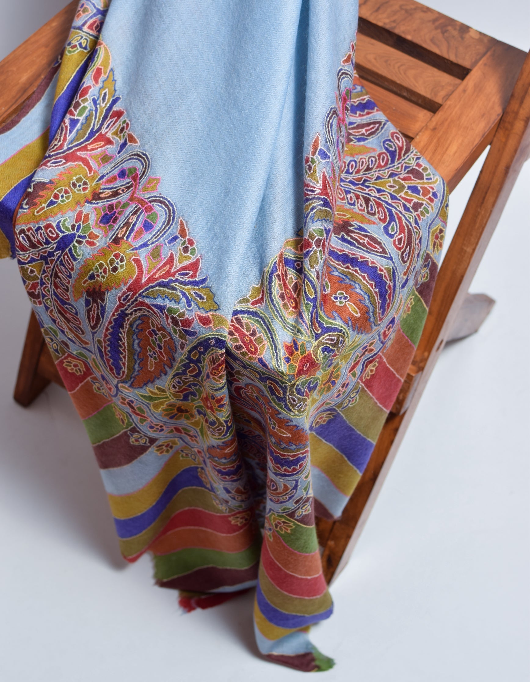 Cloudy Blue Kani Pattern Handwoven Detailed Embroidered Cashmere Pashmina Shawl - Kashmir Box