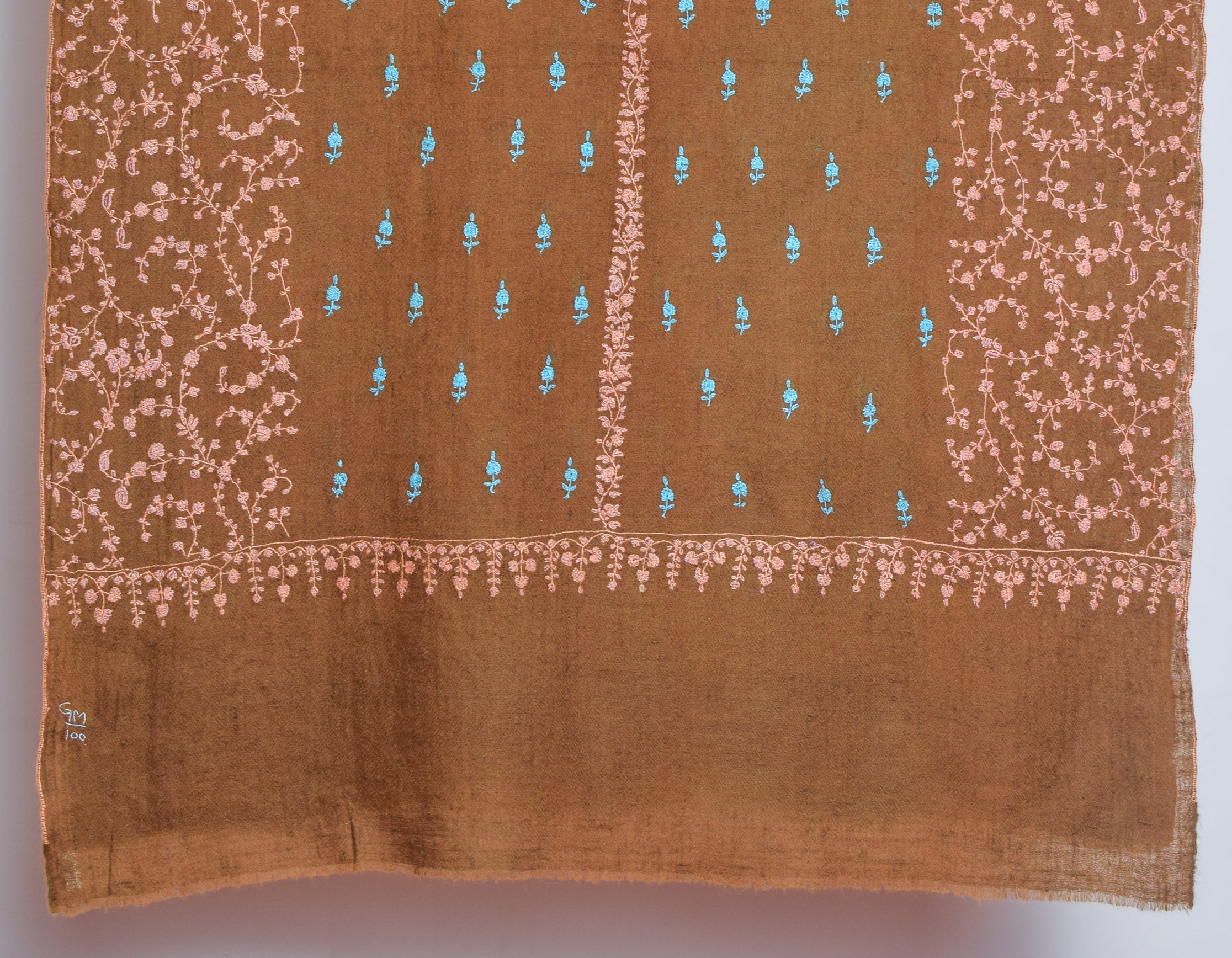 Coffee Handwoven Border Booti Embroidered Cashmere Pashmina Stole - Kashmir Box