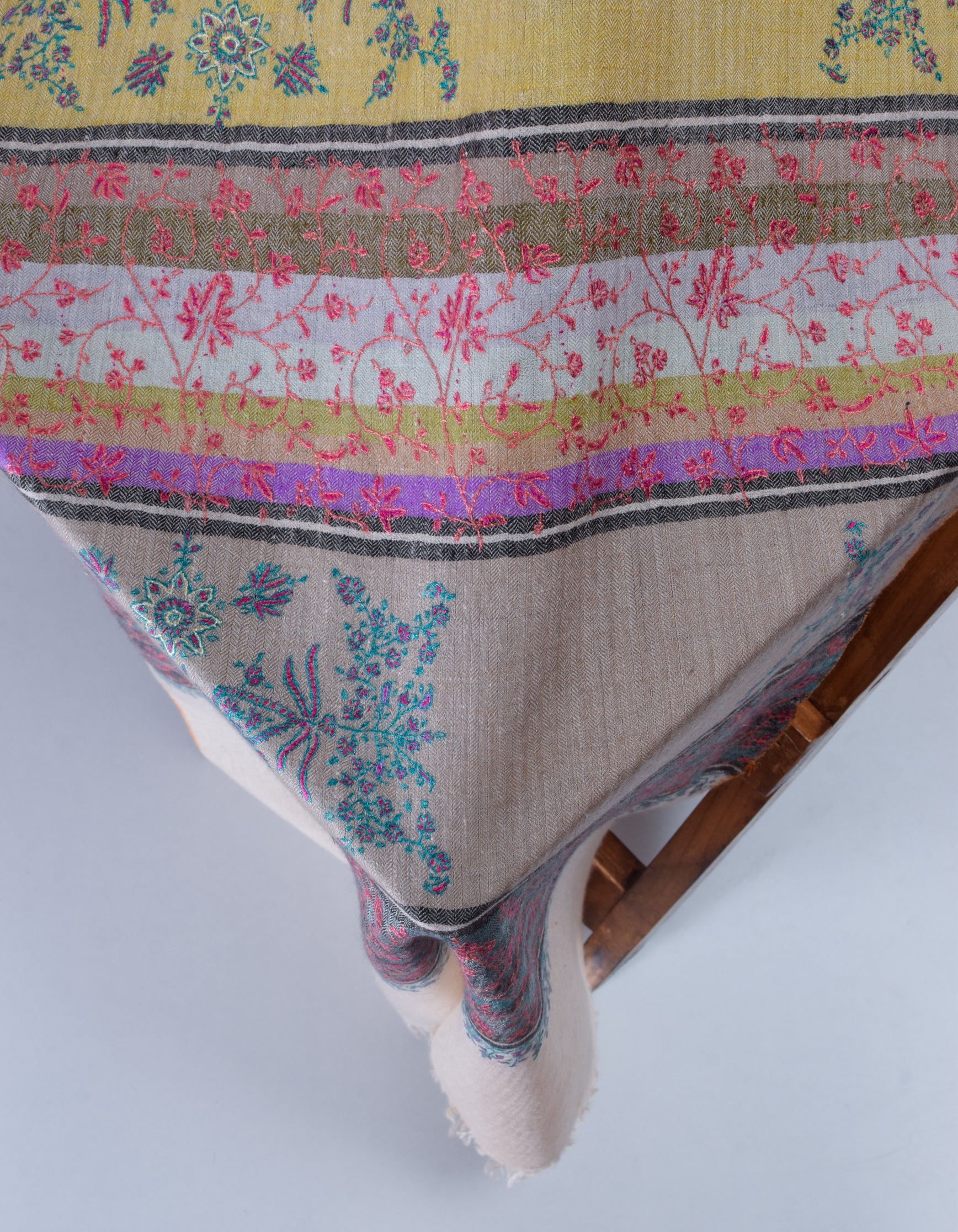 Modern Multicolour Stripes Handwoven Floral Sozni Embroidered Cashmere Pashmina Stole - Kashmir Box