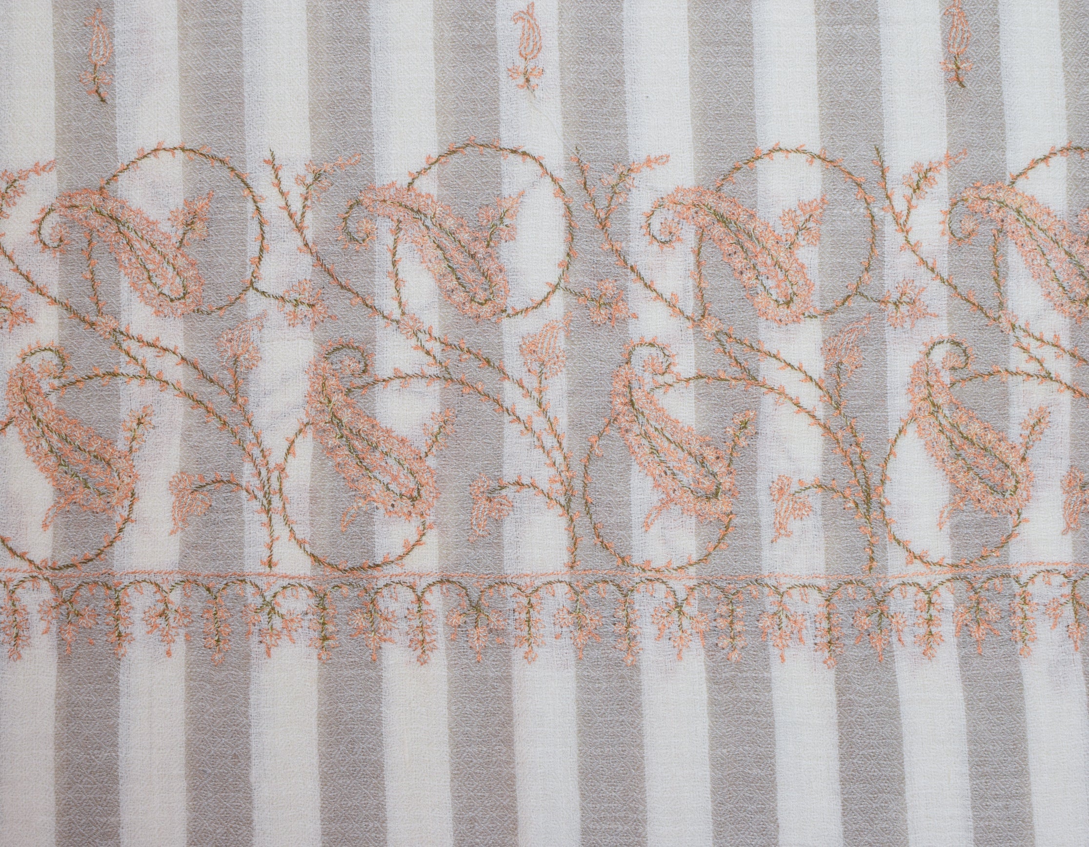Natural Cream n Grey Stripes Handwoven Sozni Embroidered Cashmere Pashmina Stole - Kashmir Box