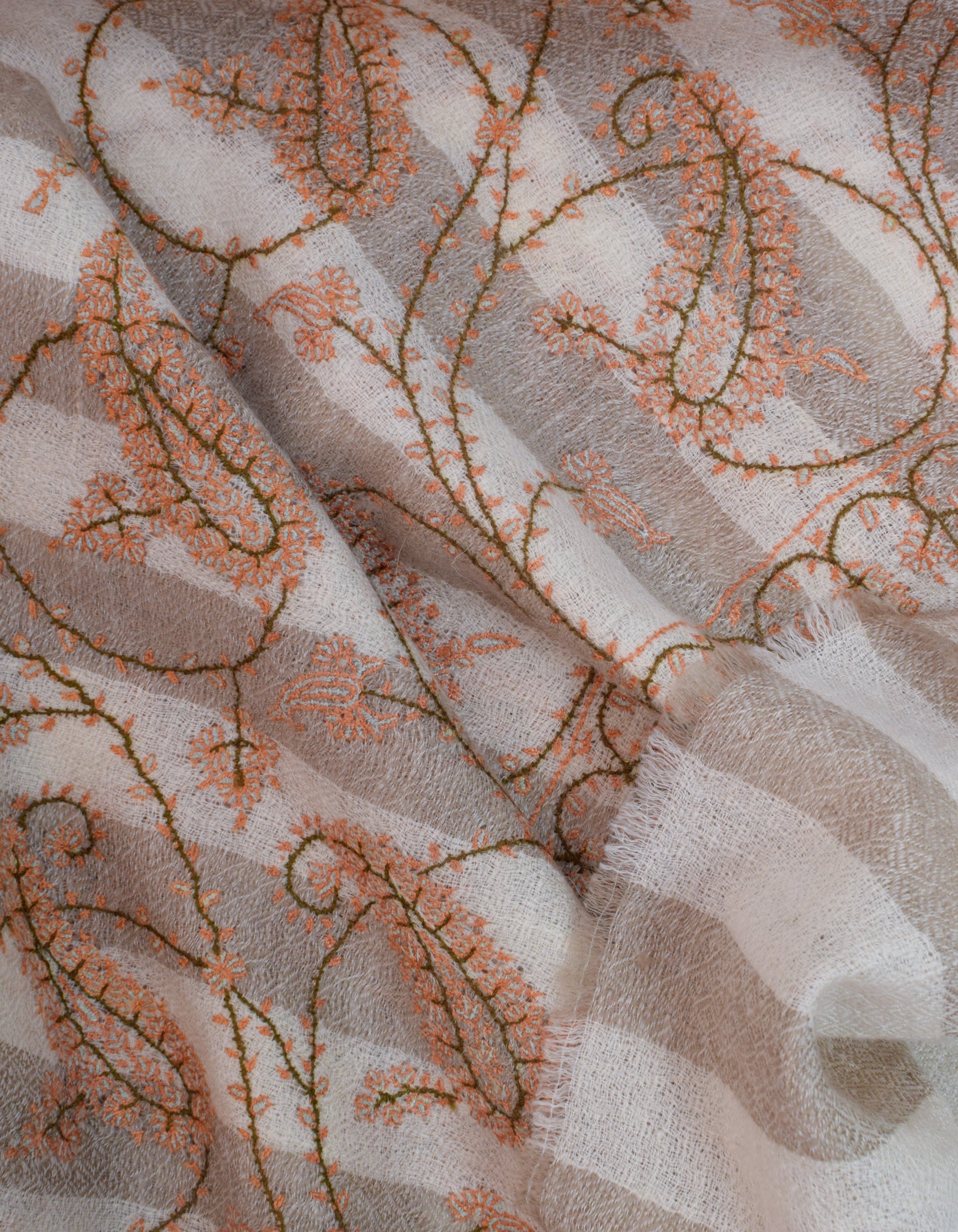 Natural Cream n Grey Stripes Handwoven Sozni Embroidered Cashmere Pashmina Stole - Kashmir Box