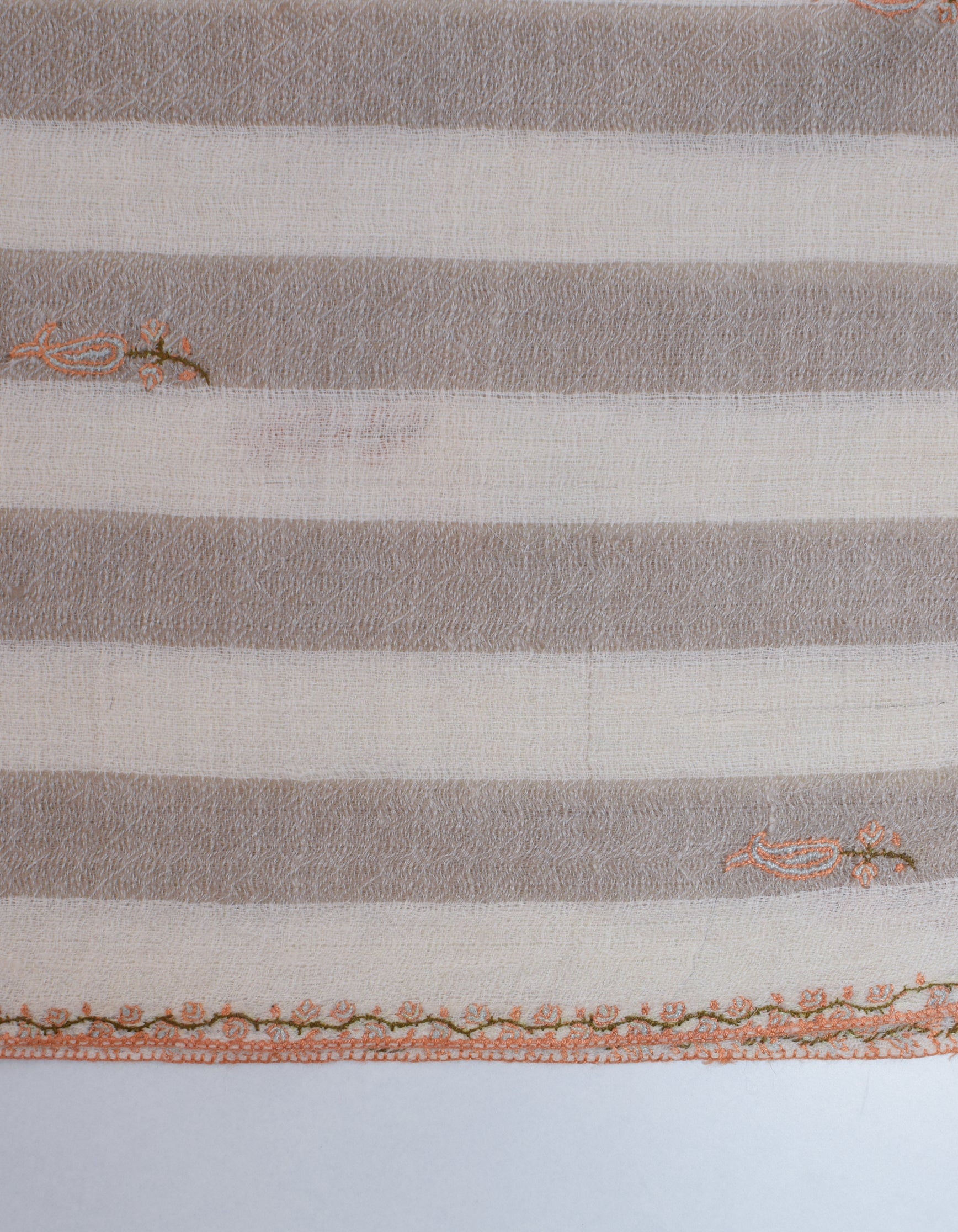 Natural Cream n Grey Stripes Handwoven Sozni Embroidered Cashmere Pashmina Stole - Kashmir Box