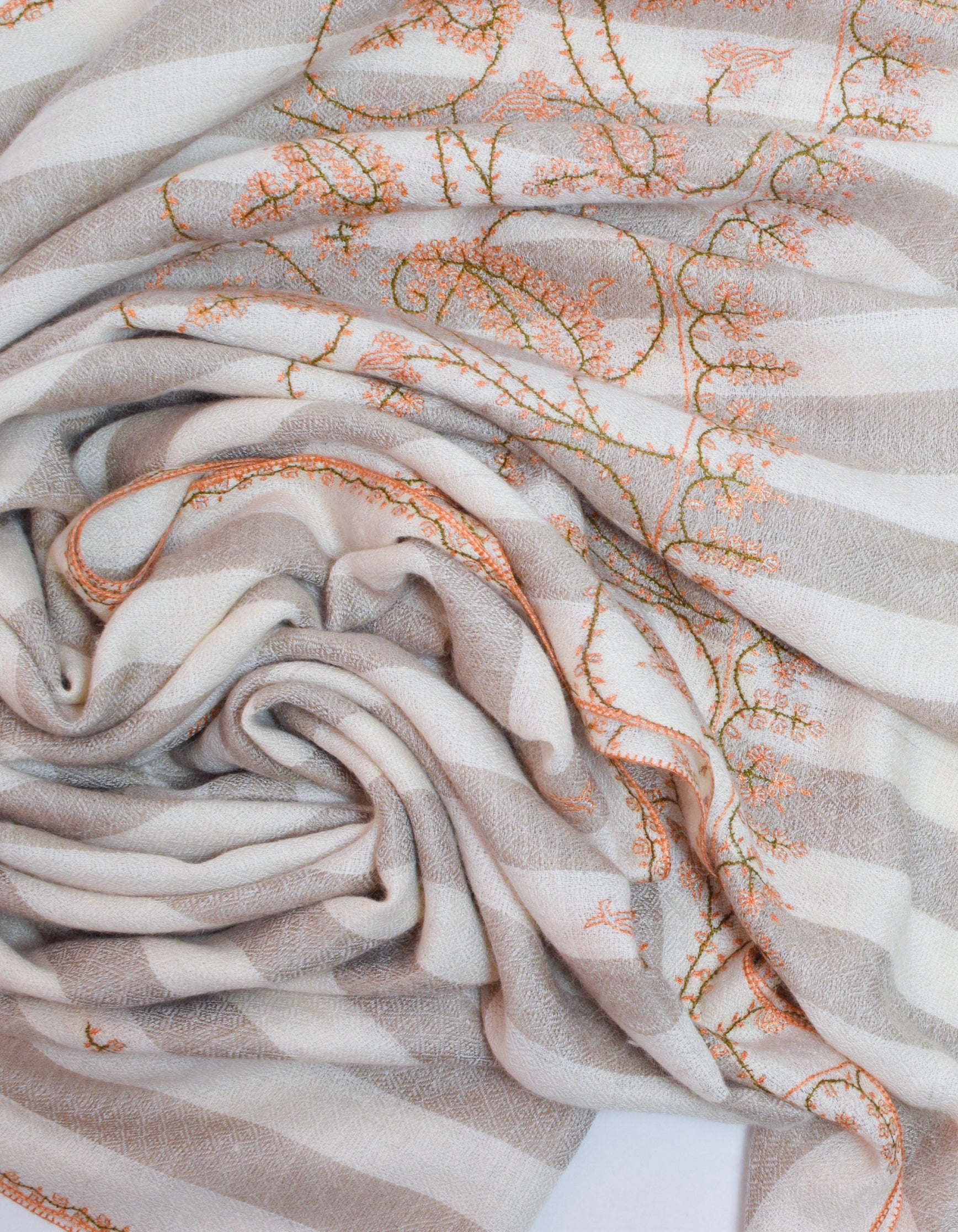 Natural Cream n Grey Stripes Handwoven Sozni Embroidered Cashmere Pashmina Stole - Kashmir Box