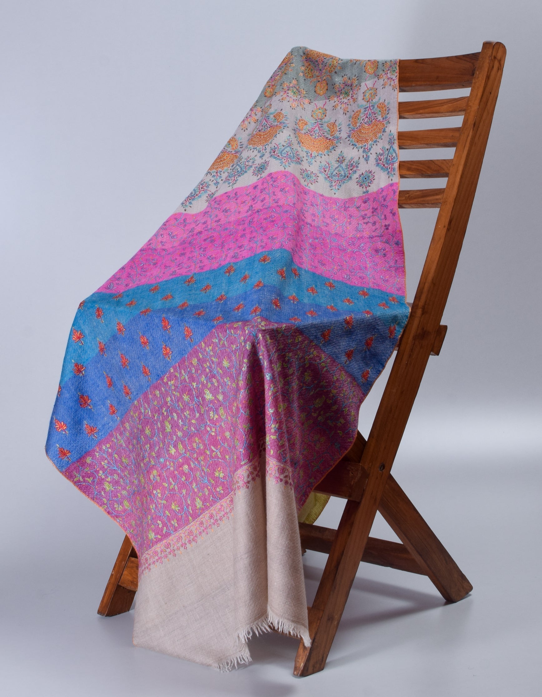 Modern Stripes Handwoven Multicolour Sozni Embroidered Cashmere Pashmina Stole - Kashmir Box