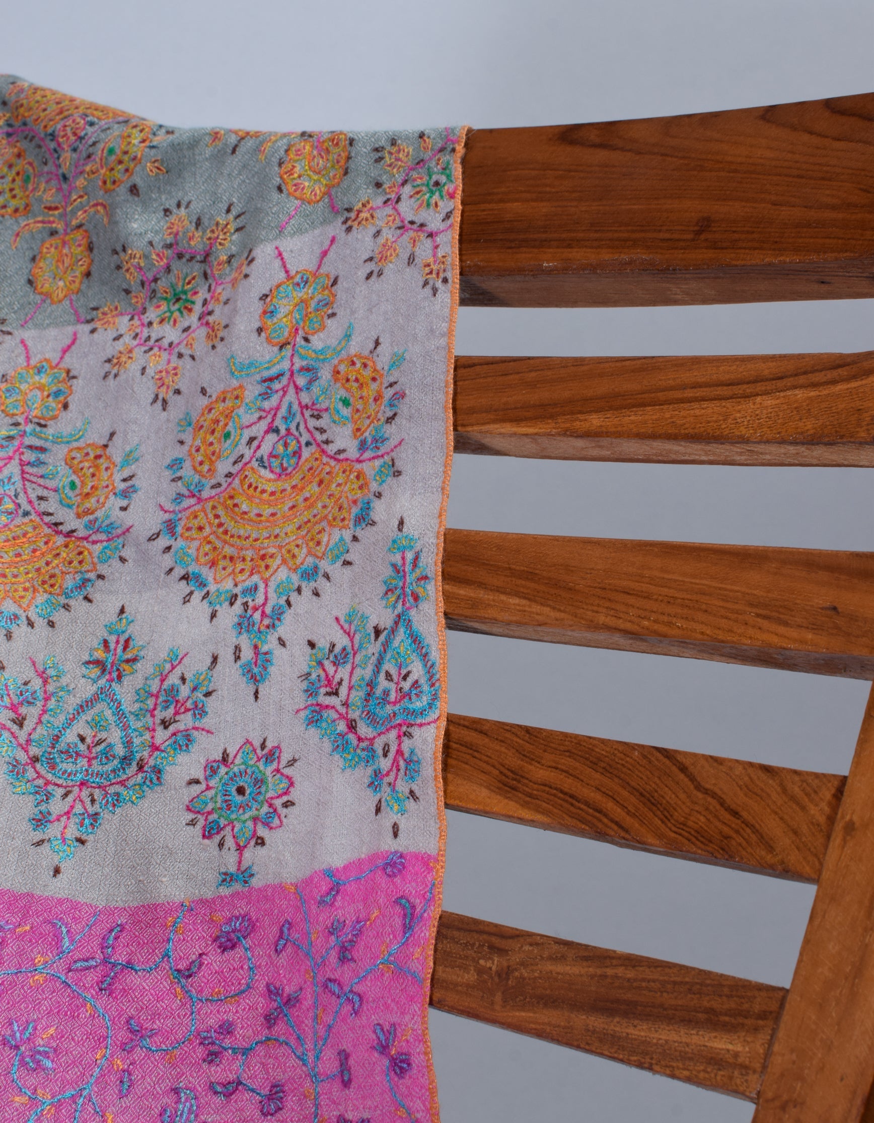 Modern Stripes Handwoven Multicolour Sozni Embroidered Cashmere Pashmina Stole - Kashmir Box