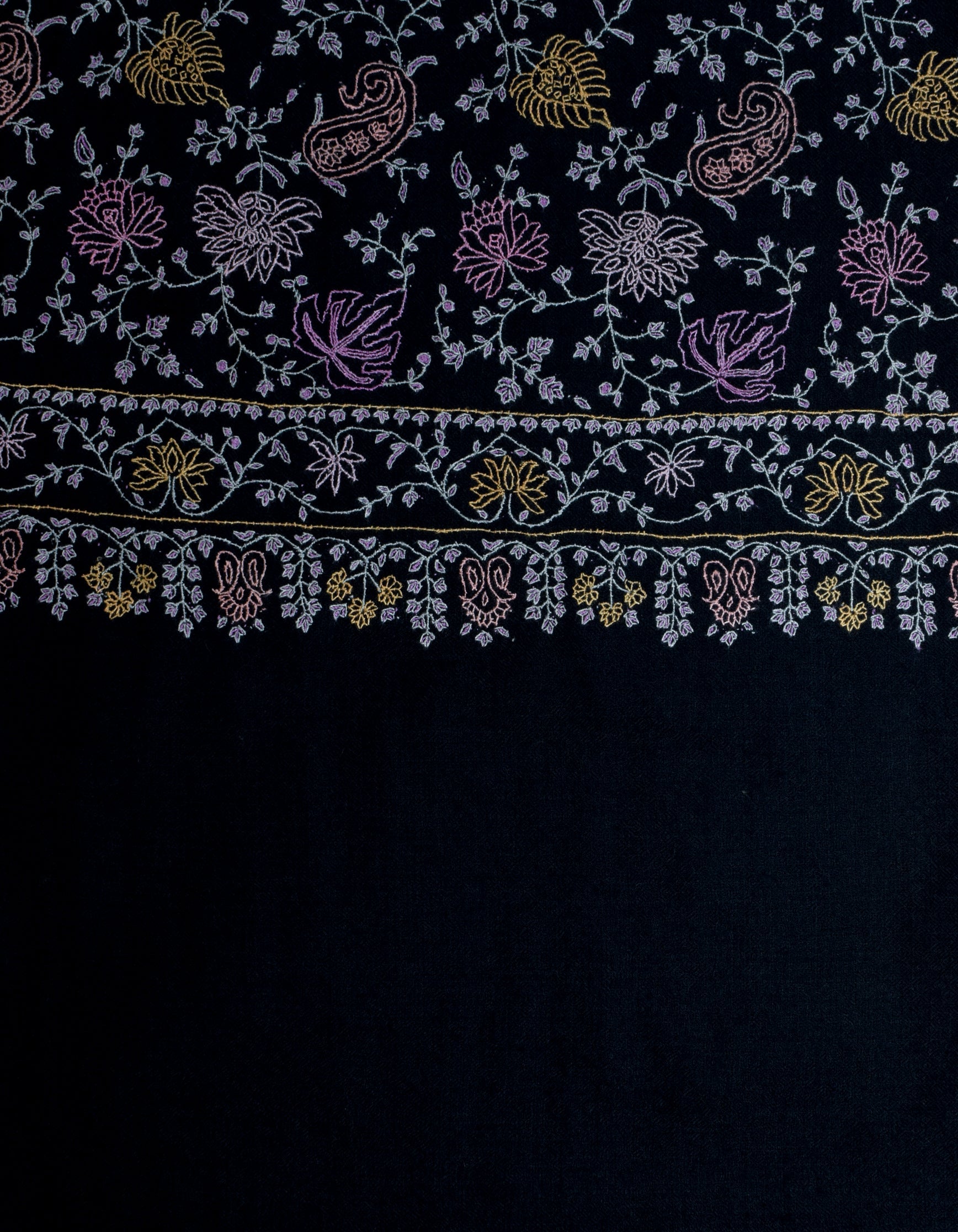 Jet Black Handwoven Multicolour Sozni Jaali Embroidered Cashmere Pashmina Stole