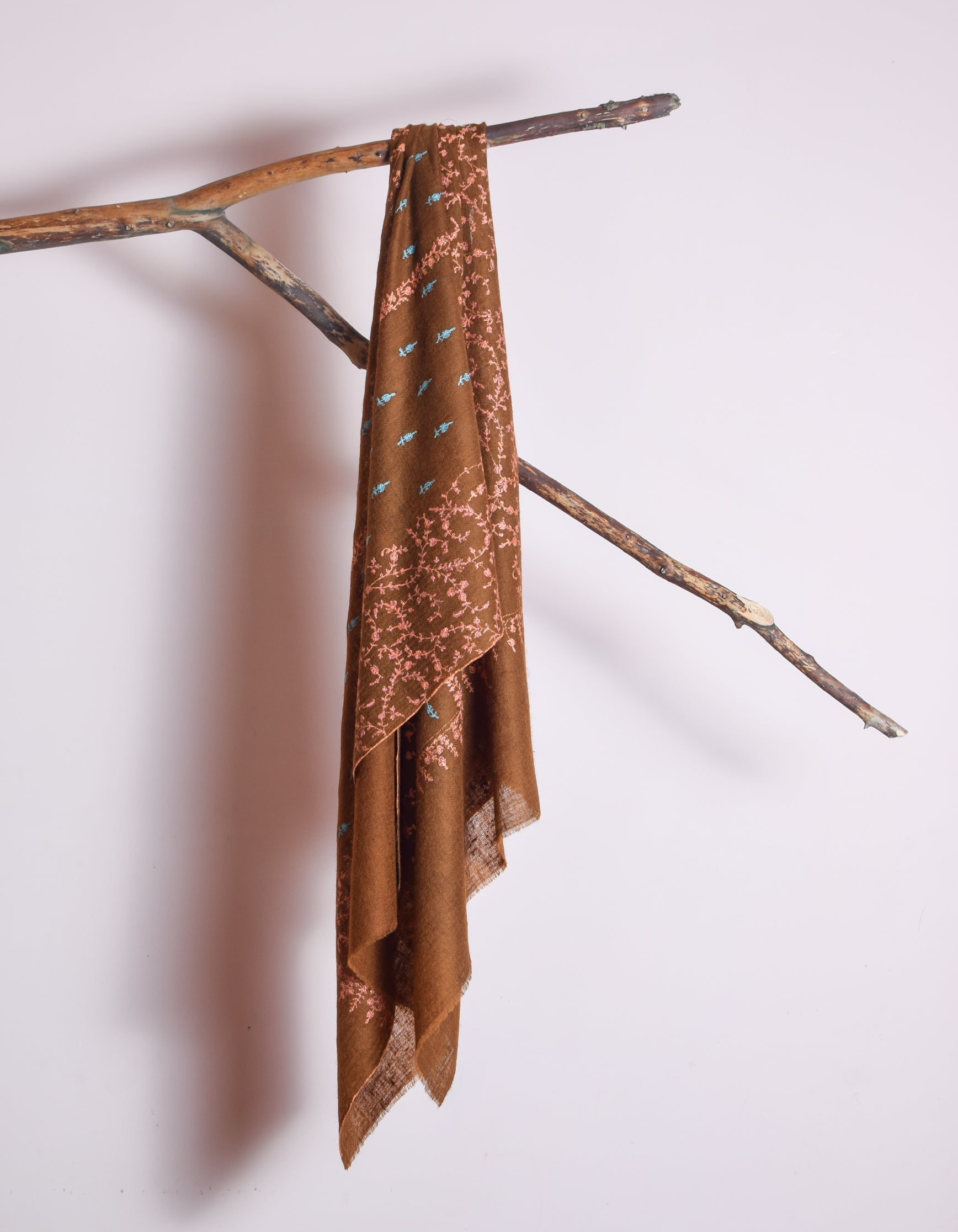 Coffee Handwoven Border Booti Embroidered Cashmere Pashmina Stole - Kashmir Box