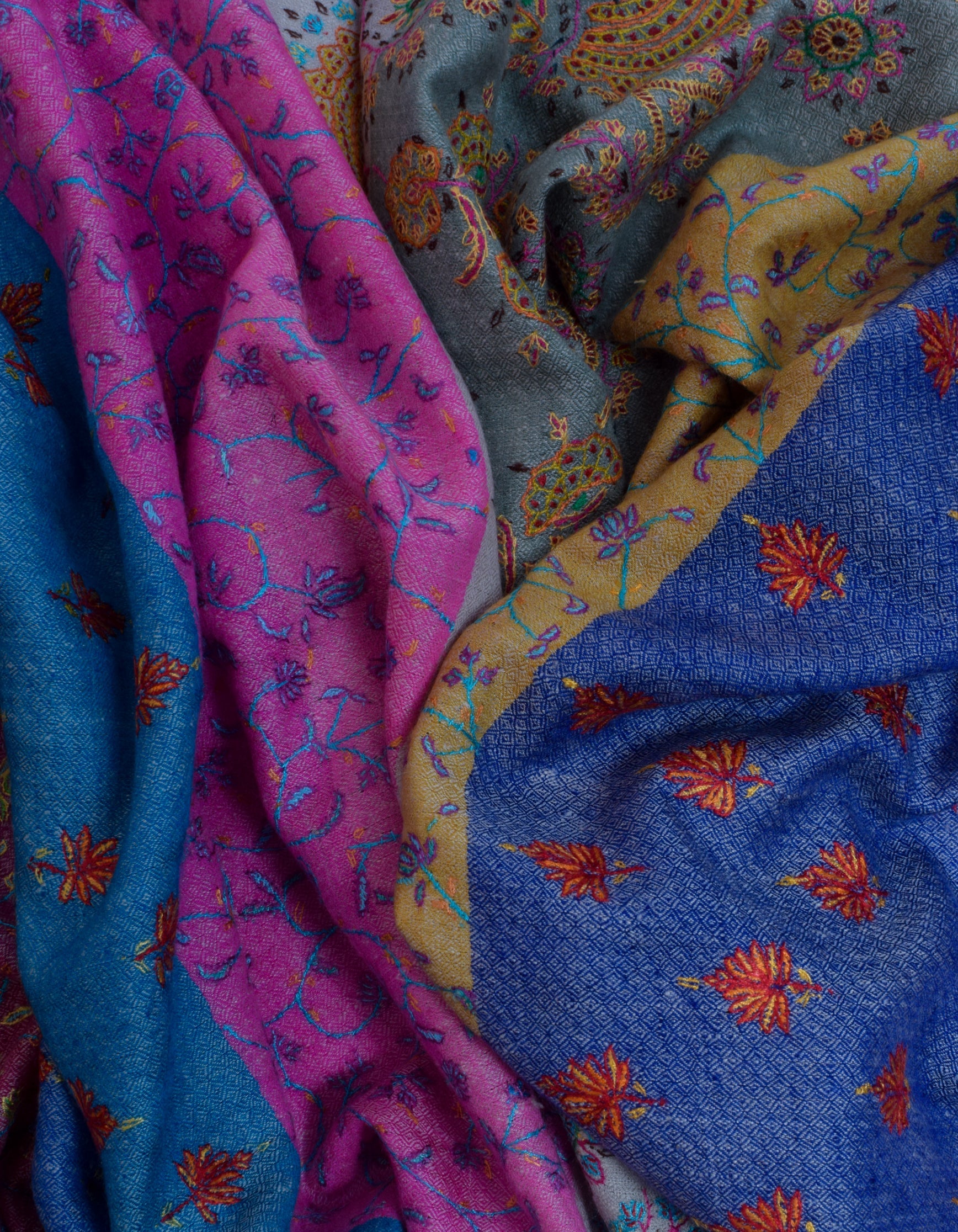 Modern Stripes Handwoven Multicolour Sozni Embroidered Cashmere Pashmina Stole - Kashmir Box
