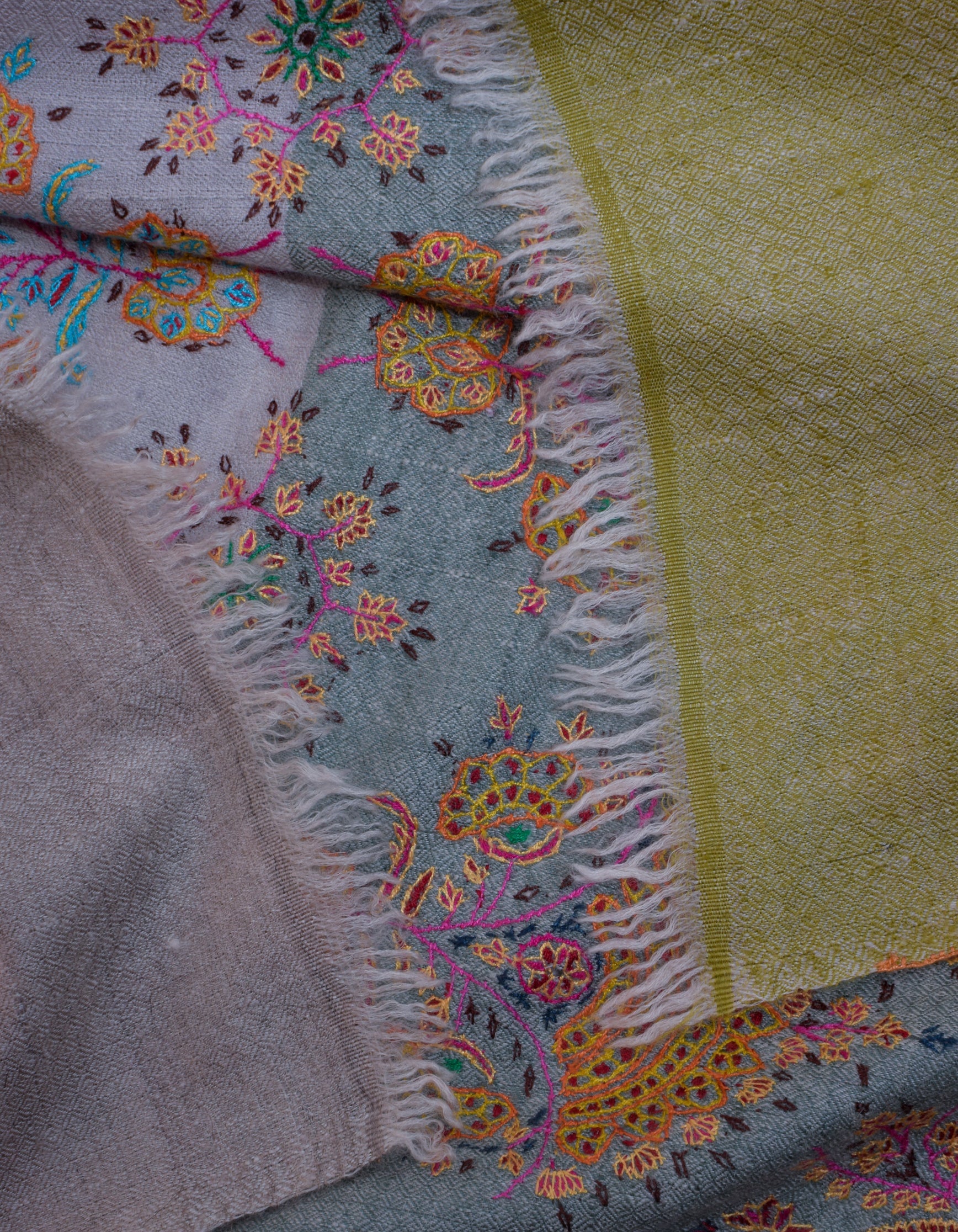 Modern Stripes Handwoven Multicolour Sozni Embroidered Cashmere Pashmina Stole - Kashmir Box