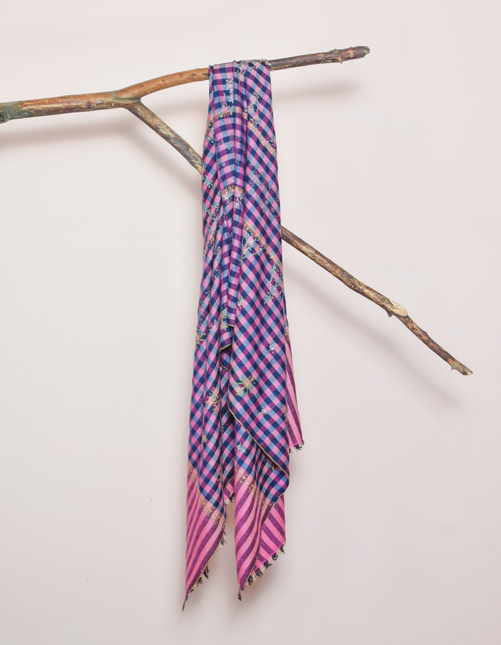 Modern Navy Pink Multi-Pattern Check Handwoven Embroidered Cashmere Pashmina Stole