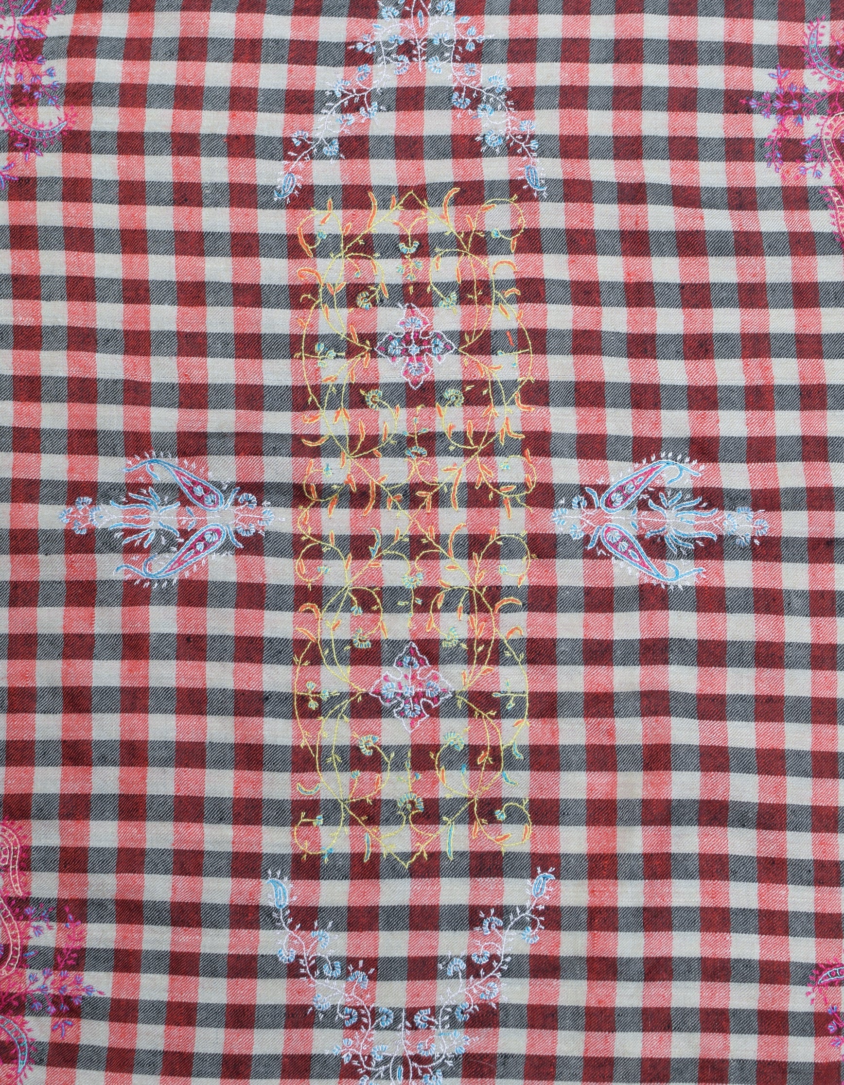 Modern Multi-Pattern Check Handwoven Embroidered Cashmere Pashmina Stole - Kashmir Box