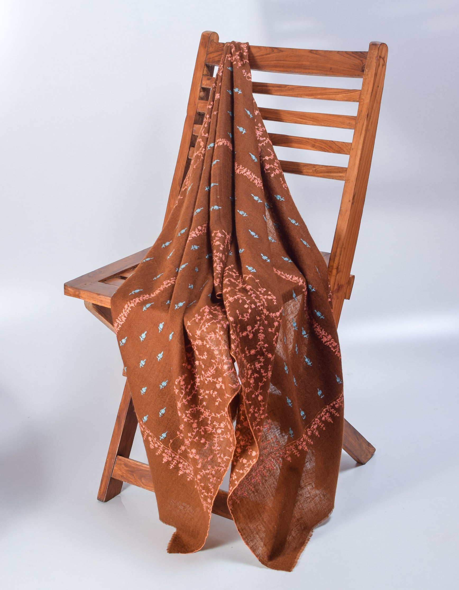 Coffee Handwoven Border Booti Embroidered Cashmere Pashmina Stole - Kashmir Box