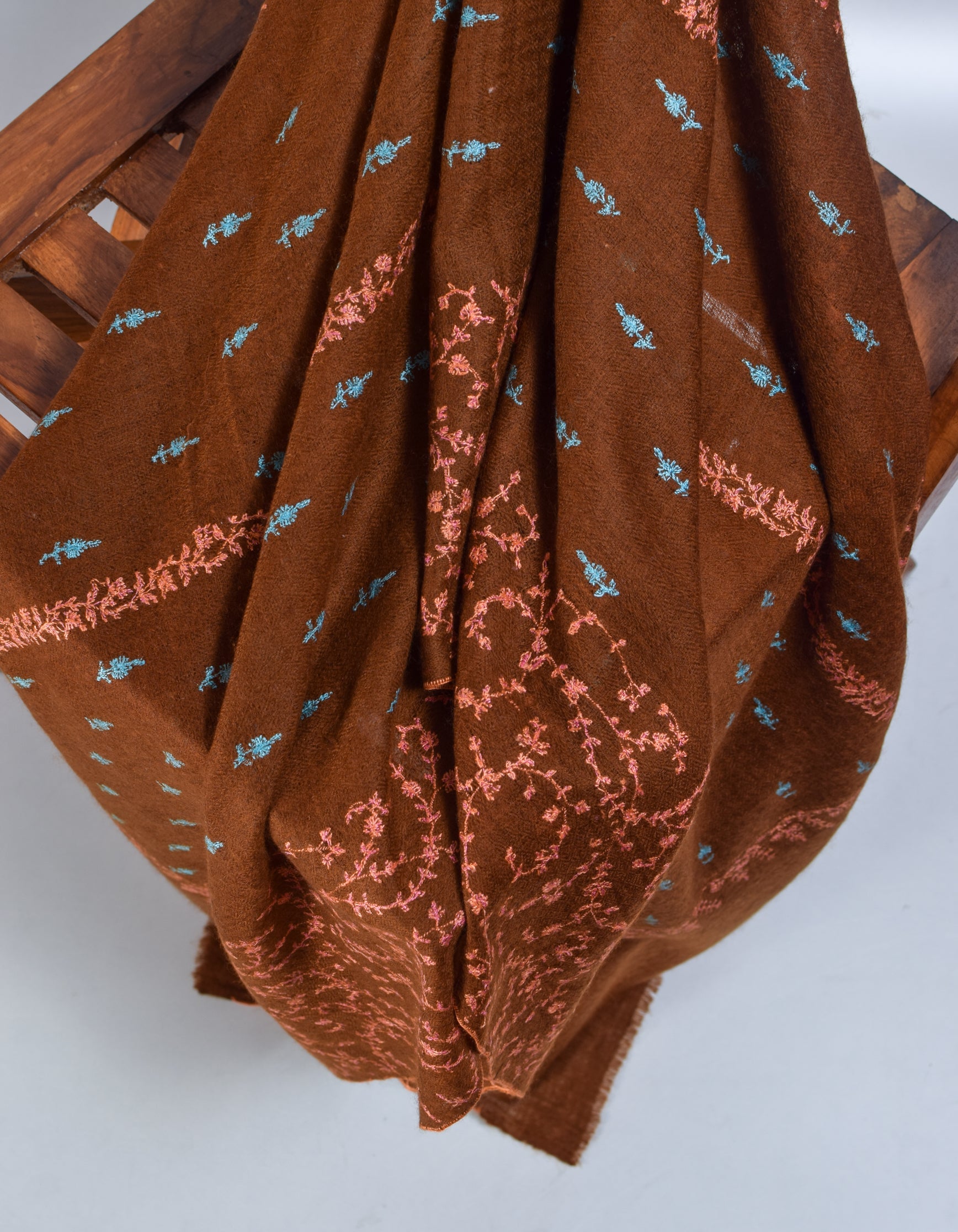 Coffee Handwoven Border Booti Embroidered Cashmere Pashmina Stole - Kashmir Box