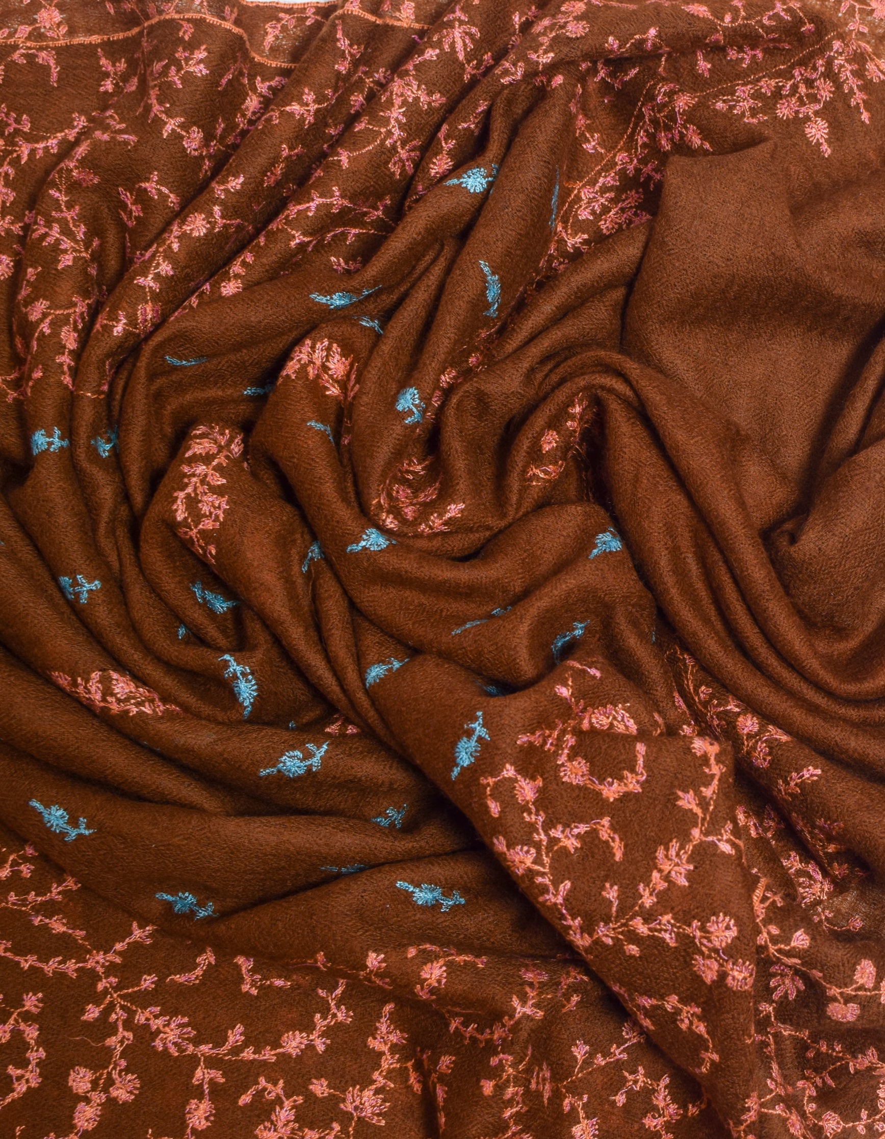 Coffee Handwoven Border Booti Embroidered Cashmere Pashmina Stole - Kashmir Box