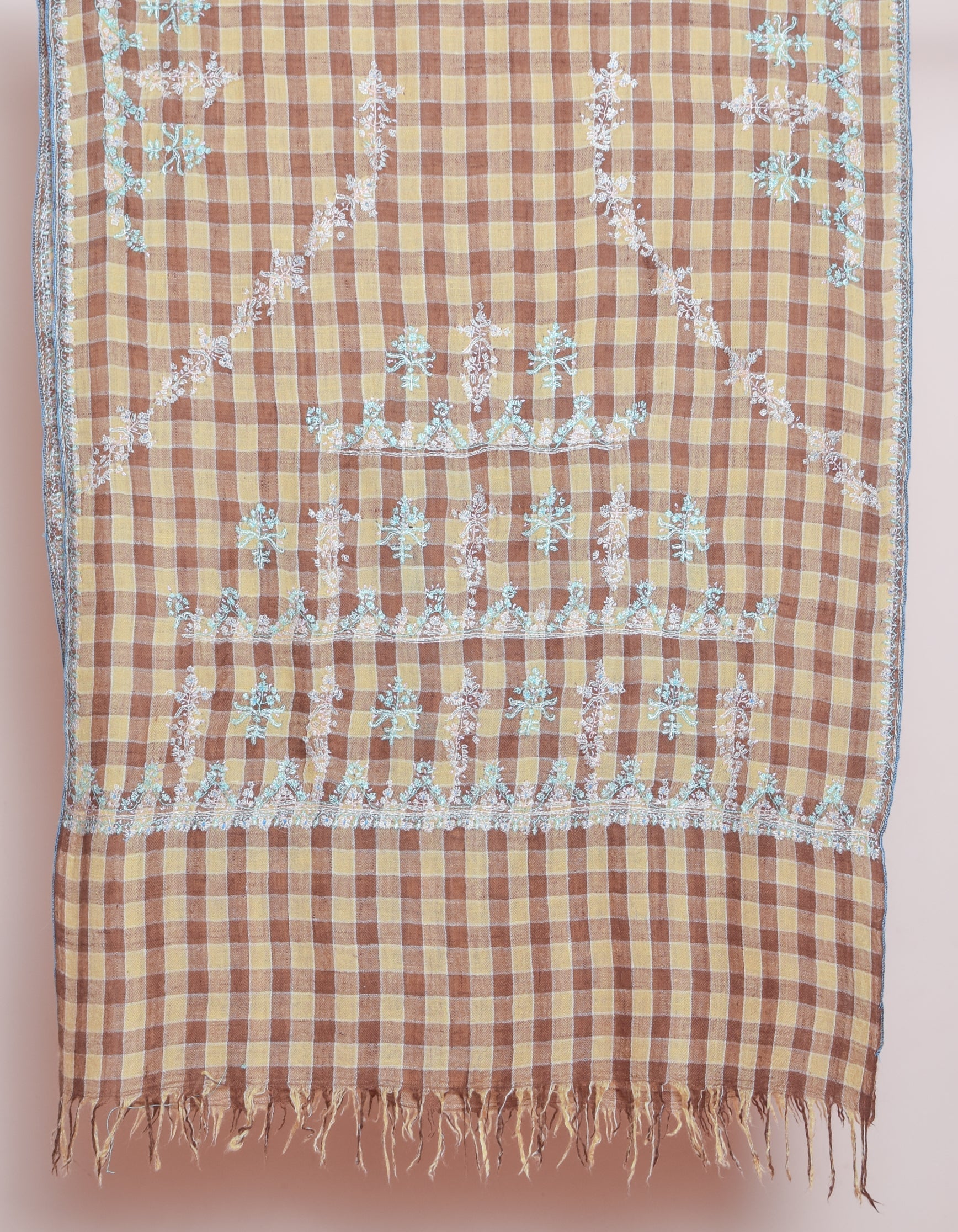 Modern Coffee Multi-Pattern Check Handwoven Embroidered Cashmere Pashmina Stole - Kashmir Box