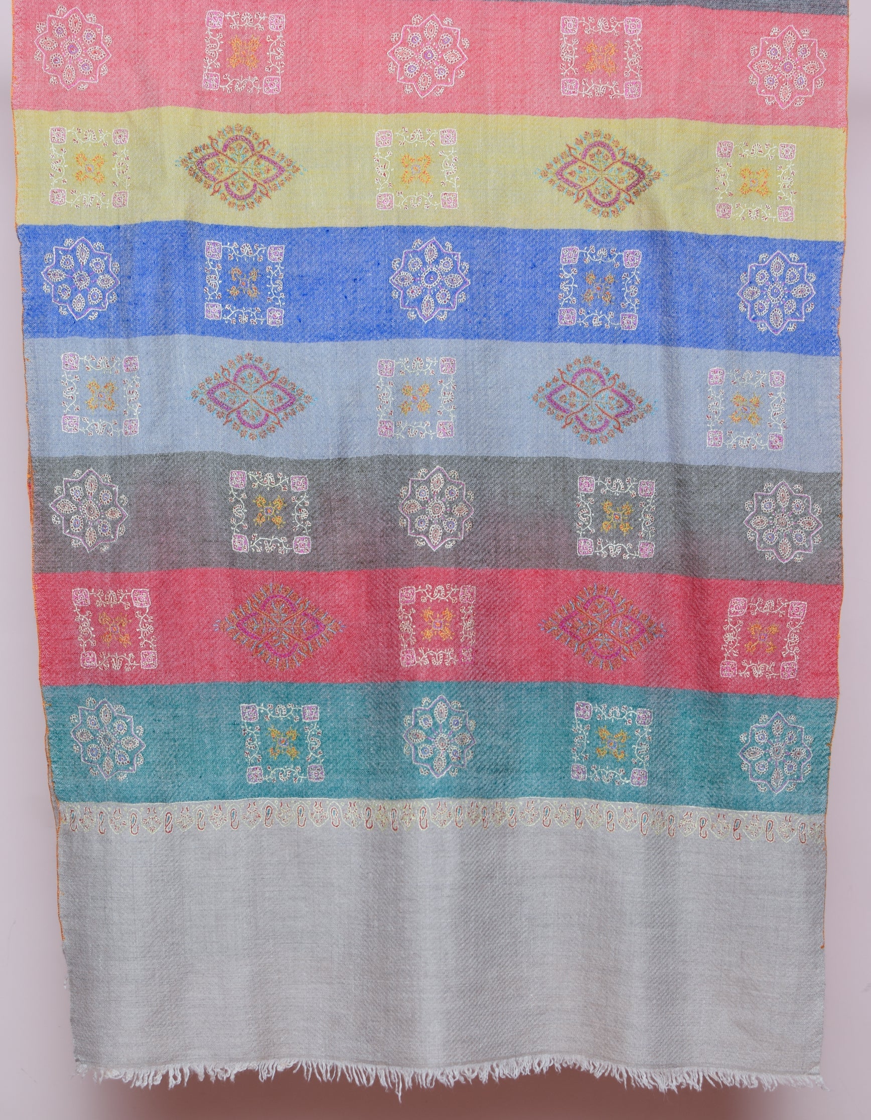 Modern Handwoven Stripes Embroidered Multicolour Cashmere Pashmina Stole - Kashmir Box