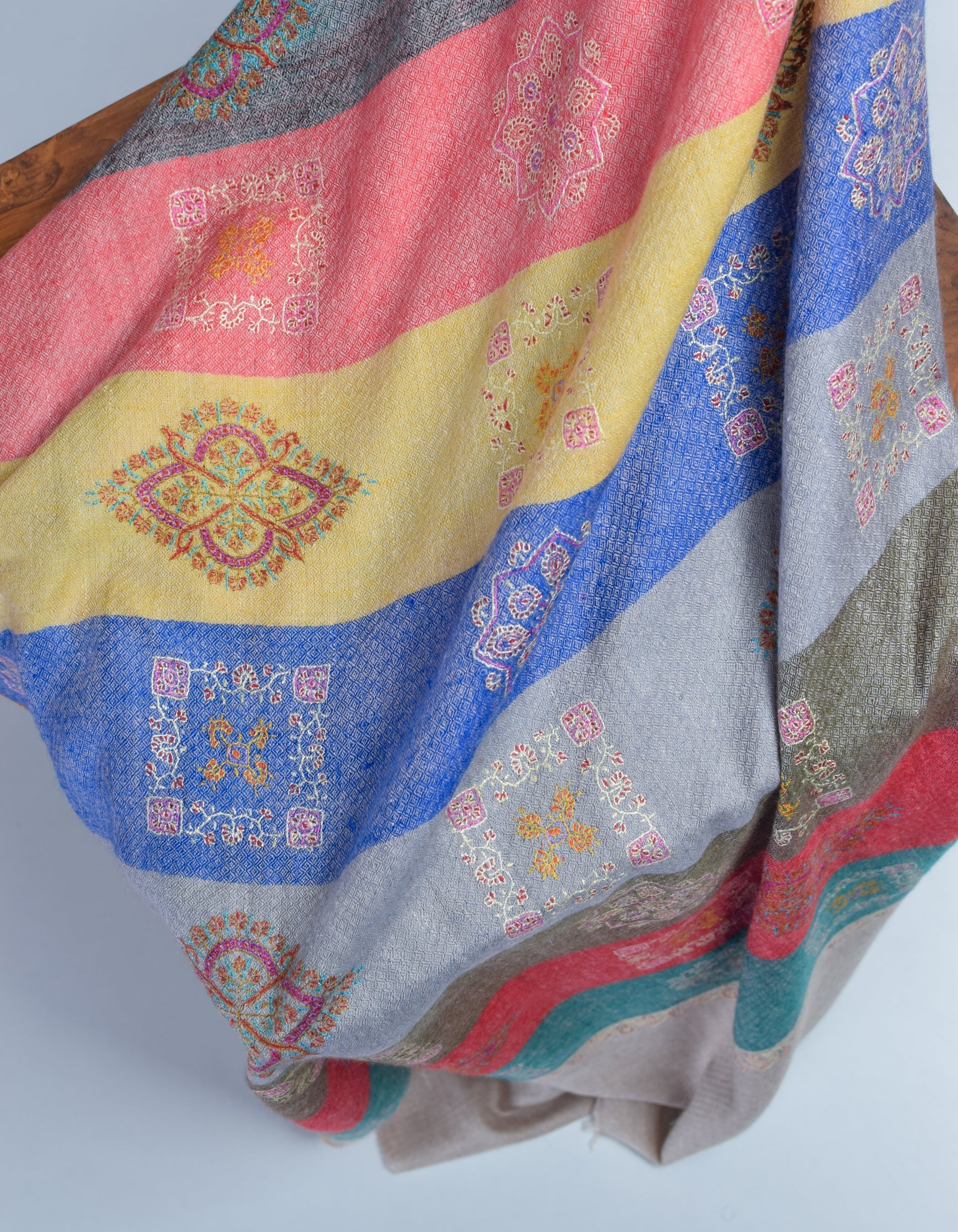 Modern Handwoven Stripes Embroidered Multicolour Cashmere Pashmina Stole - Kashmir Box