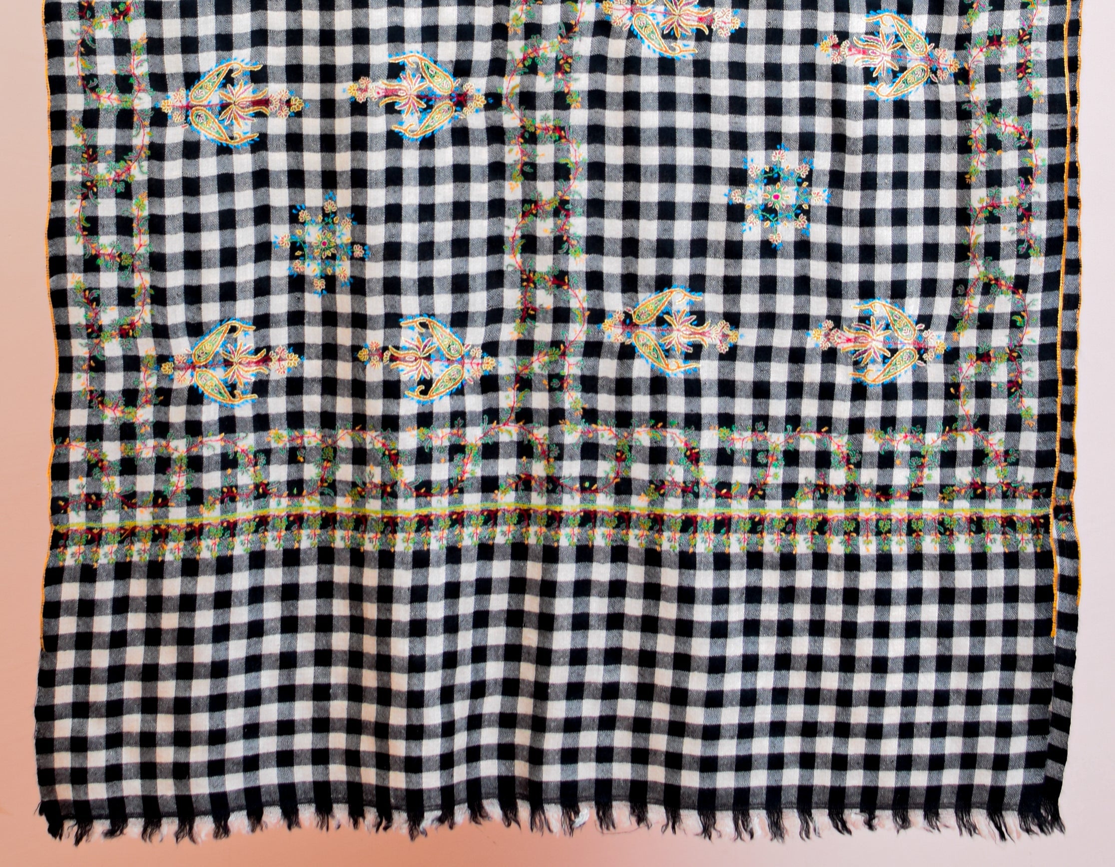 Chess Check Sozni Paisley Embroidered Pashmina Stole - Kashmir Box