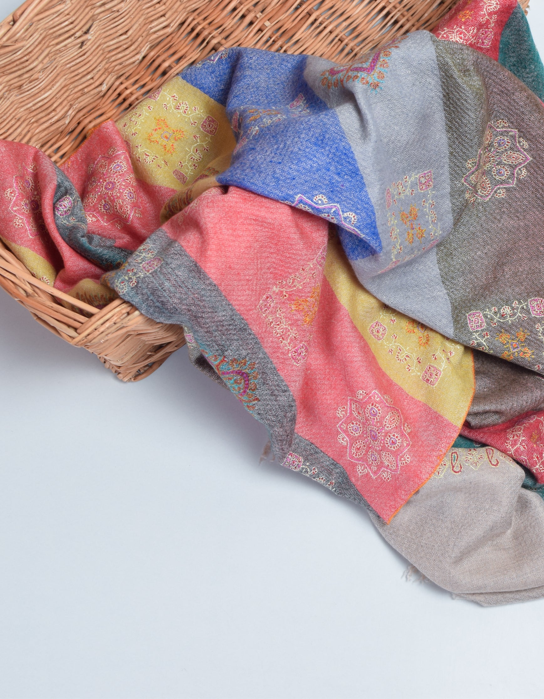 Modern Handwoven Stripes Embroidered Multicolour Cashmere Pashmina Stole - Kashmir Box