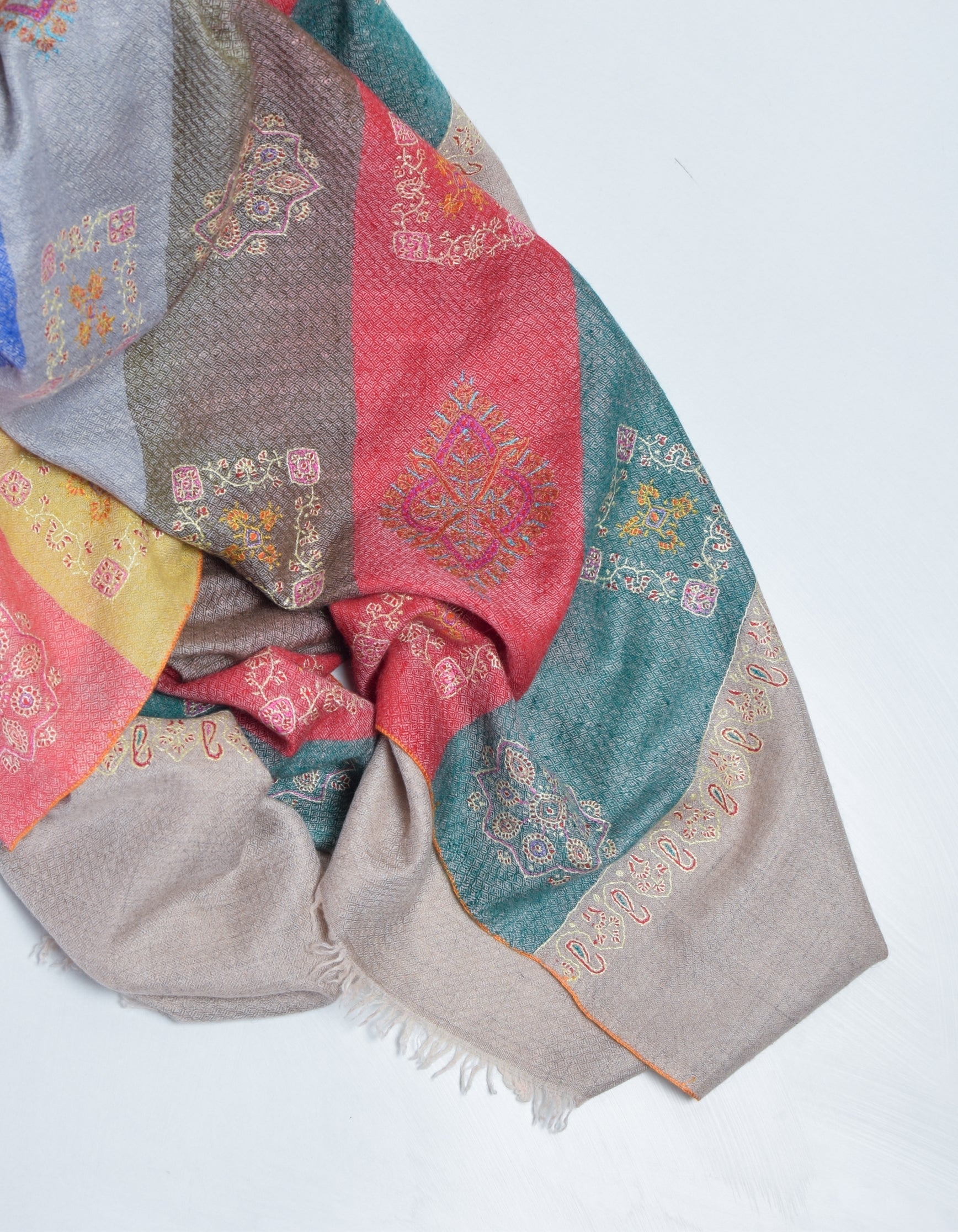 Modern Handwoven Stripes Embroidered Multicolour Cashmere Pashmina Stole - Kashmir Box