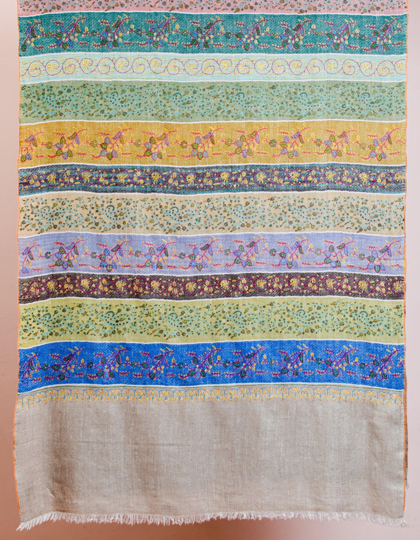 Modern Toned Handwoven Sozni Embroidered Pashmina Stripes Stole - Kashmir Box