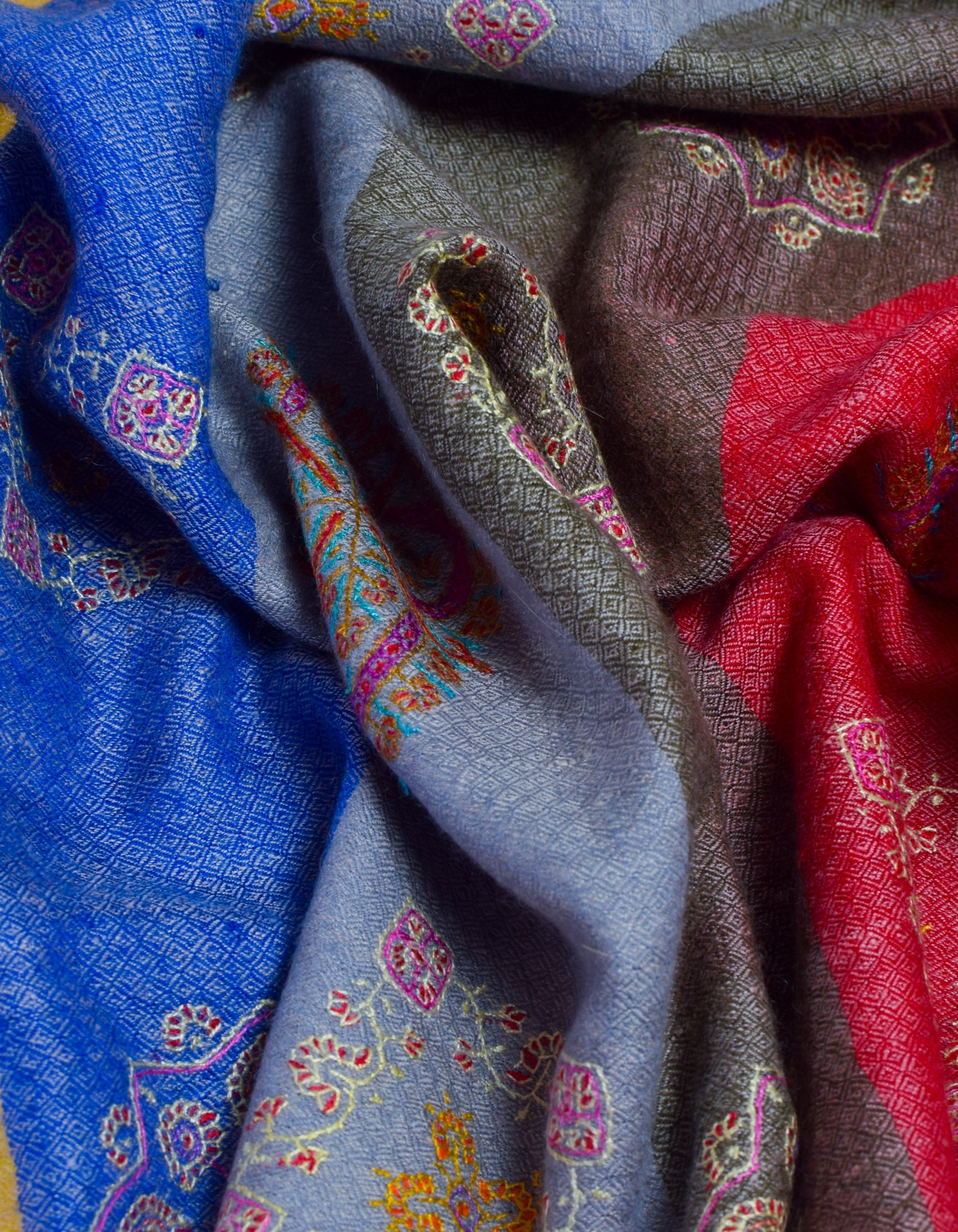Modern Handwoven Stripes Embroidered Multicolour Cashmere Pashmina Stole - Kashmir Box