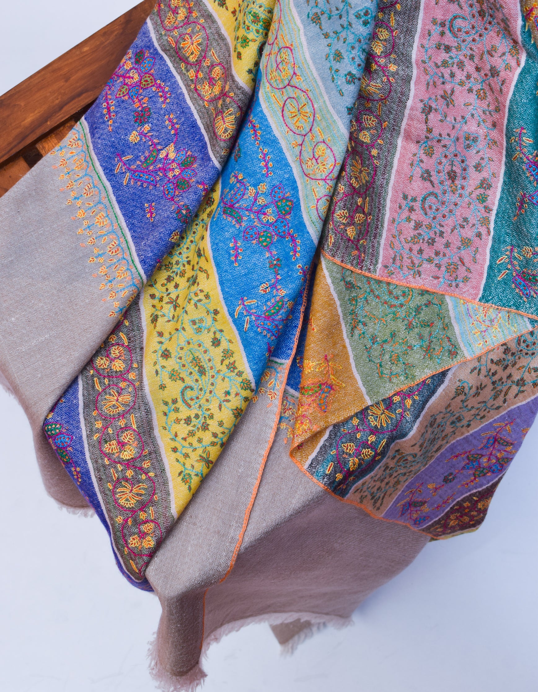 Modern Toned Handwoven Sozni Embroidered Pashmina Stripes Stole - Kashmir Box