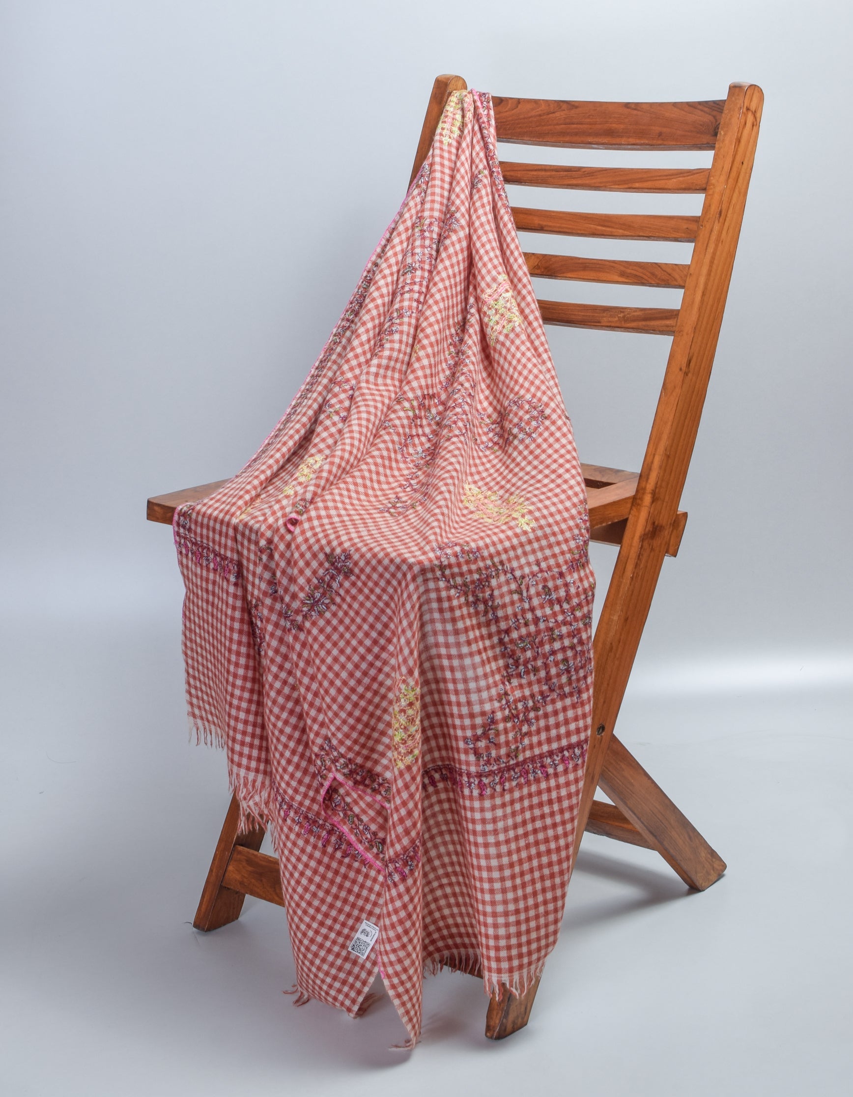 Modern Multi-Pattern Brick Cream Check Handwoven Embroidered Cashmere Pashmina Stole - Kashmir Box