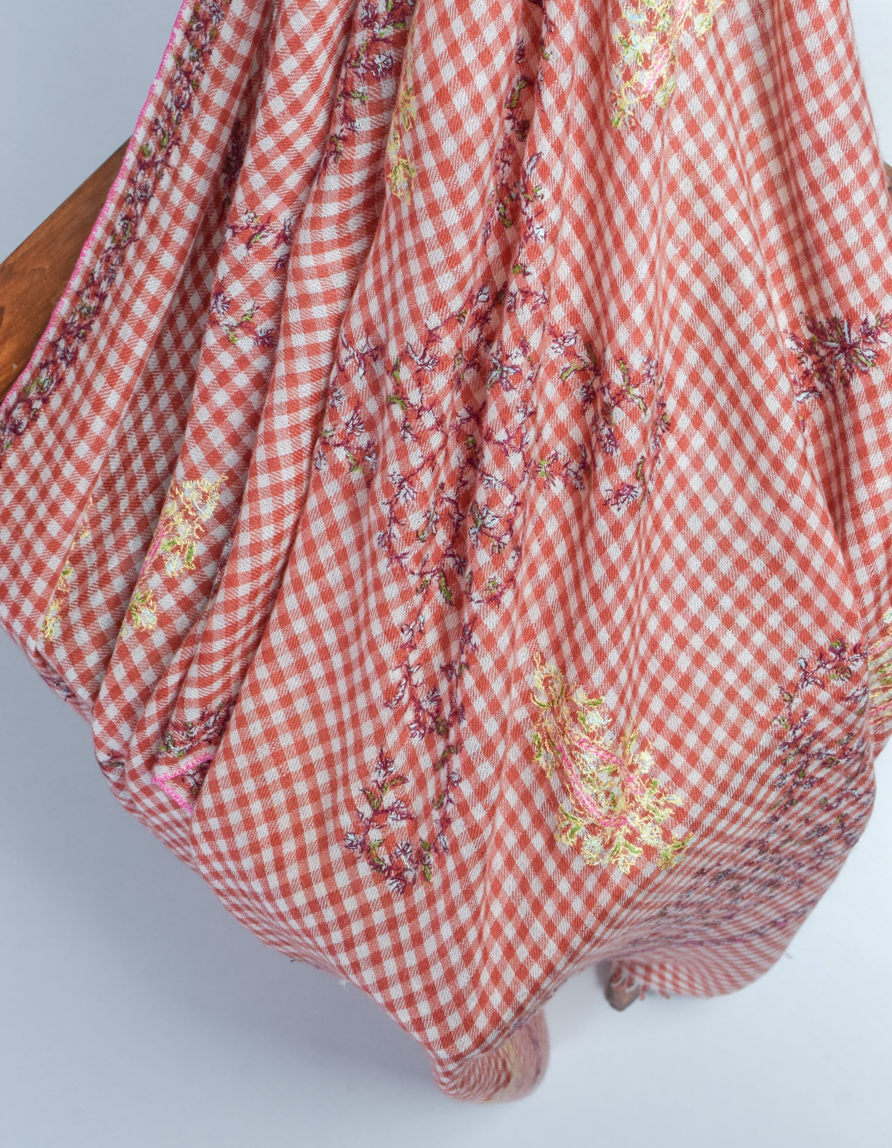 Modern Multi-Pattern Brick Cream Check Handwoven Embroidered Cashmere Pashmina Stole - Kashmir Box