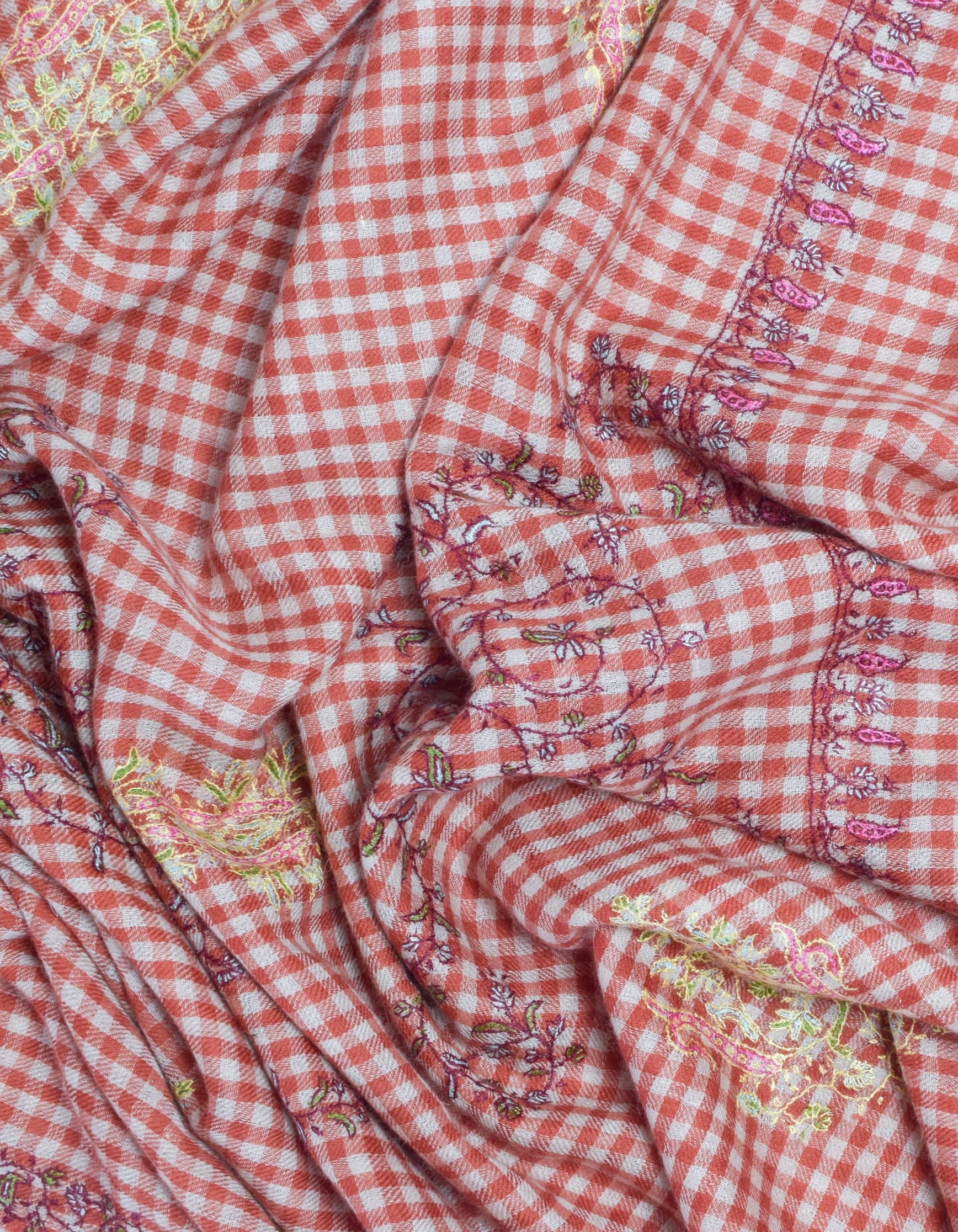 Modern Multi-Pattern Brick Cream Check Handwoven Embroidered Cashmere Pashmina Stole - Kashmir Box