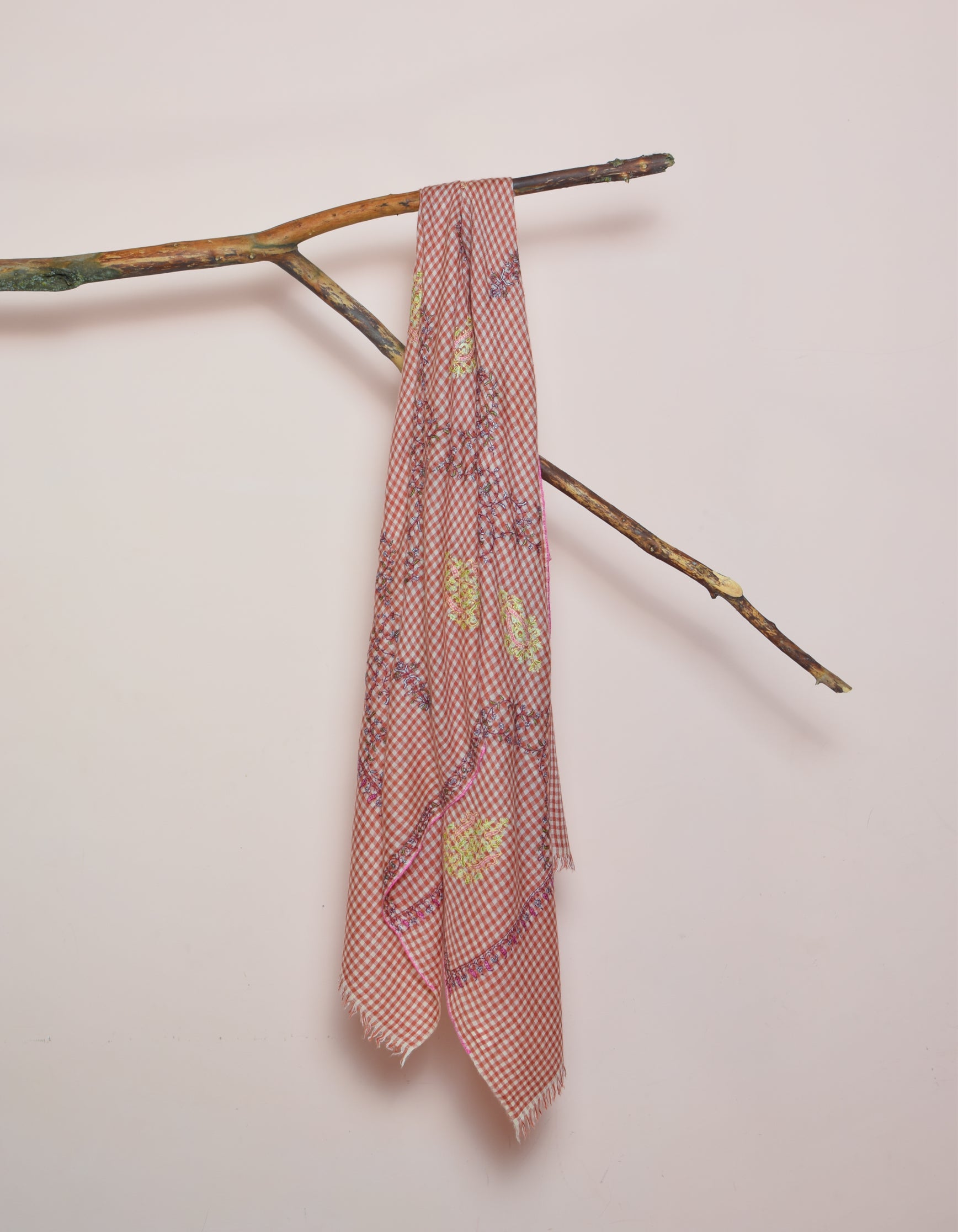 Modern Multi-Pattern Brick Cream Check Handwoven Embroidered Cashmere Pashmina Stole - Kashmir Box