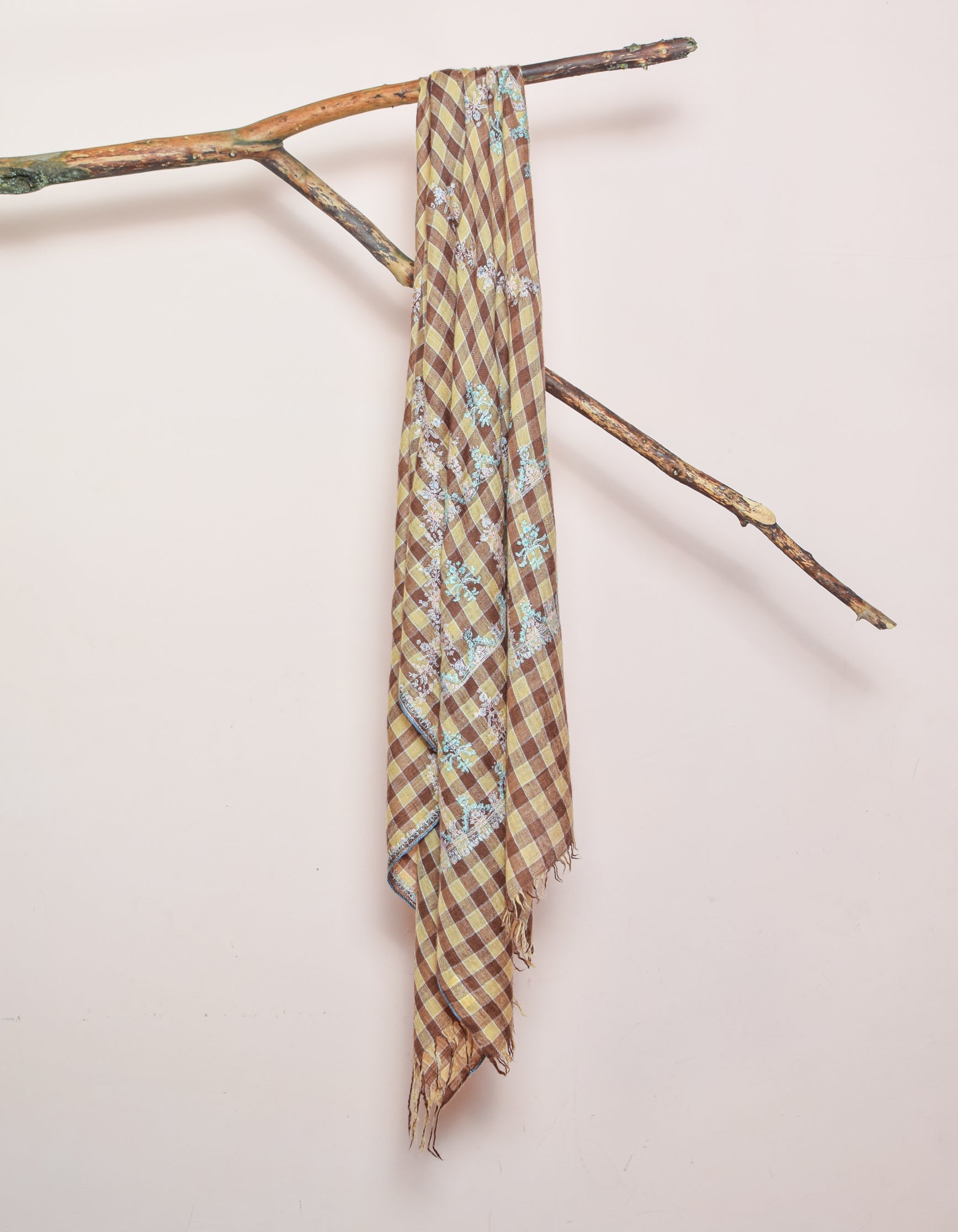 Modern Coffee Multi-Pattern Check Handwoven Embroidered Cashmere Pashmina Stole - Kashmir Box