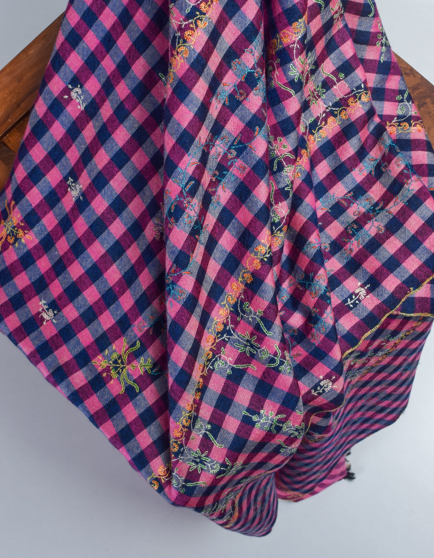 Modern Navy Pink Multi-Pattern Check Handwoven Embroidered Cashmere Pashmina Stole - Kashmir Box