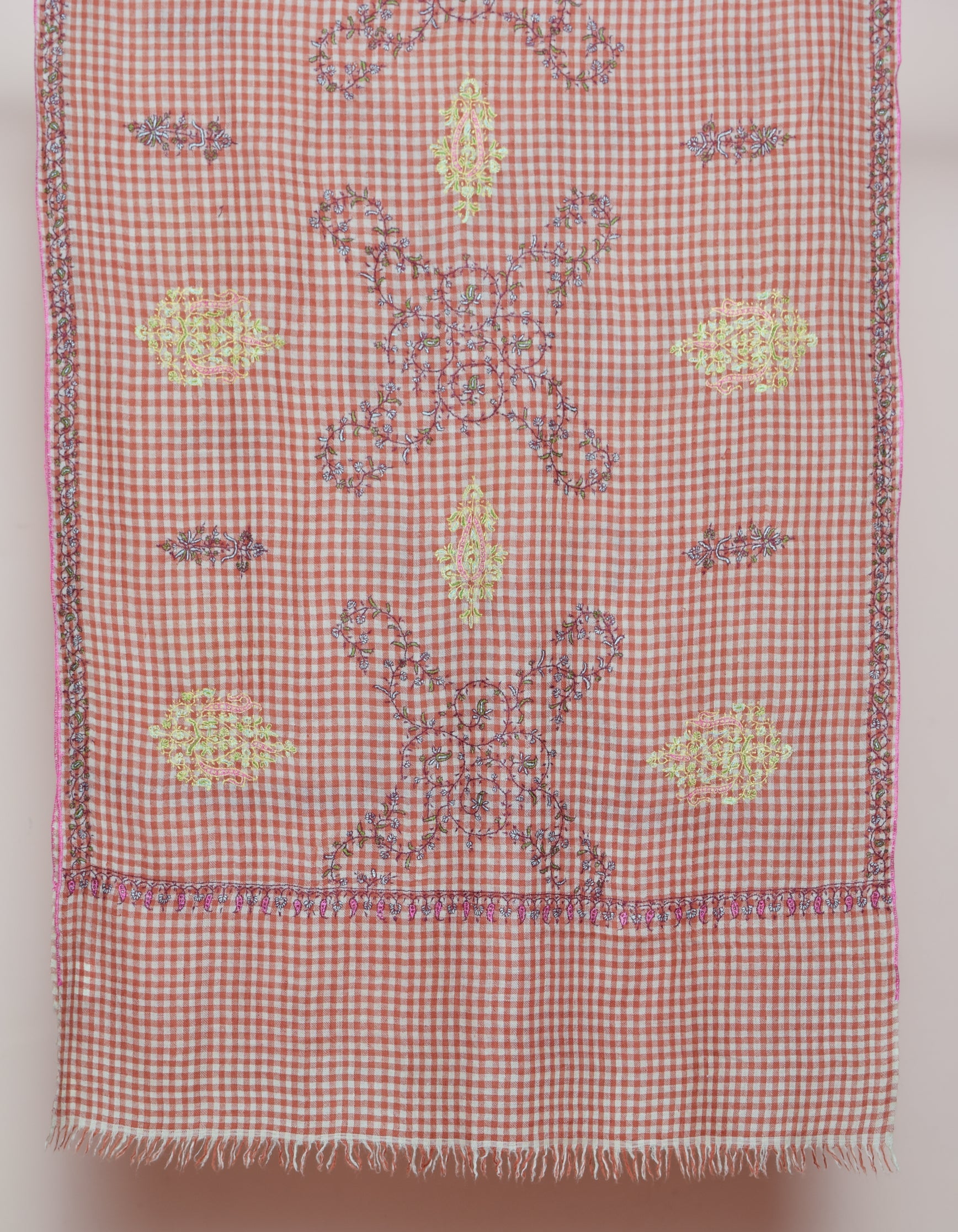 Modern Multi-Pattern Brick Cream Check Handwoven Embroidered Cashmere Pashmina Stole - Kashmir Box