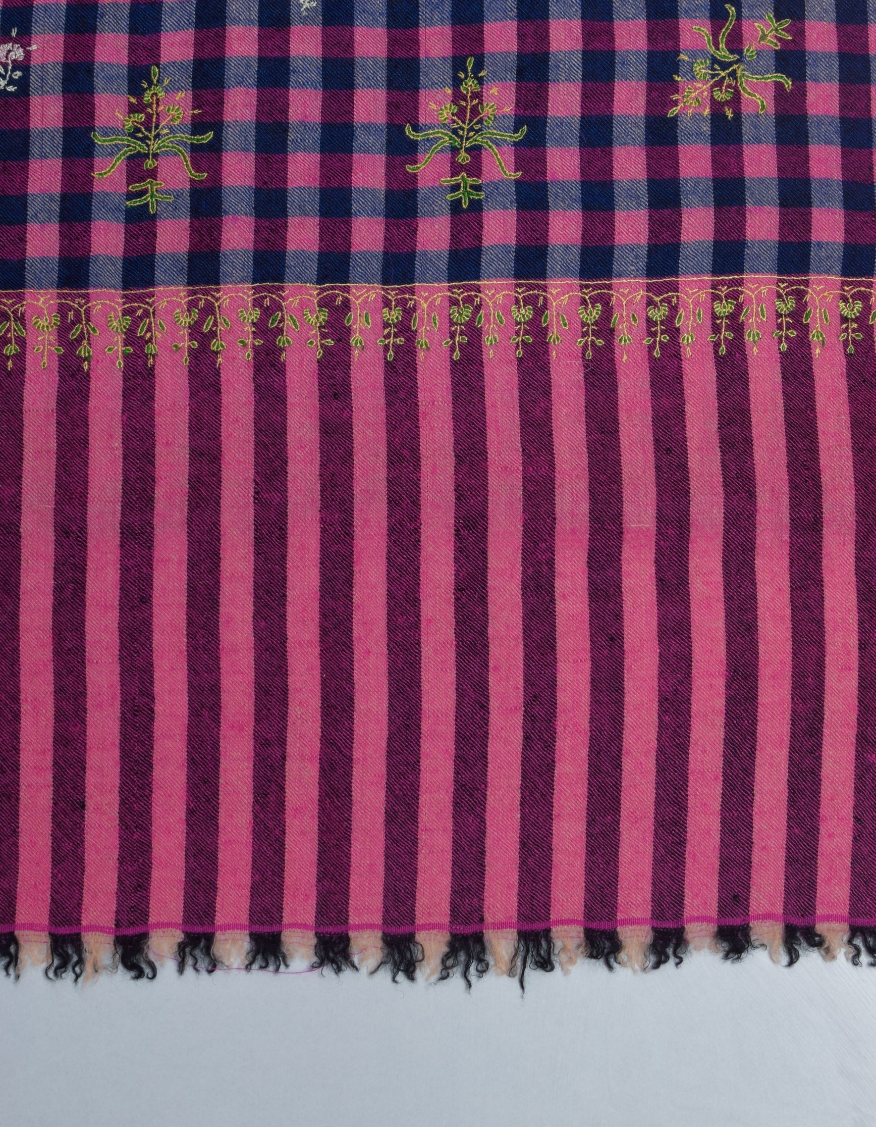 Modern Navy Pink Multi-Pattern Check Handwoven Embroidered Cashmere Pashmina Stole