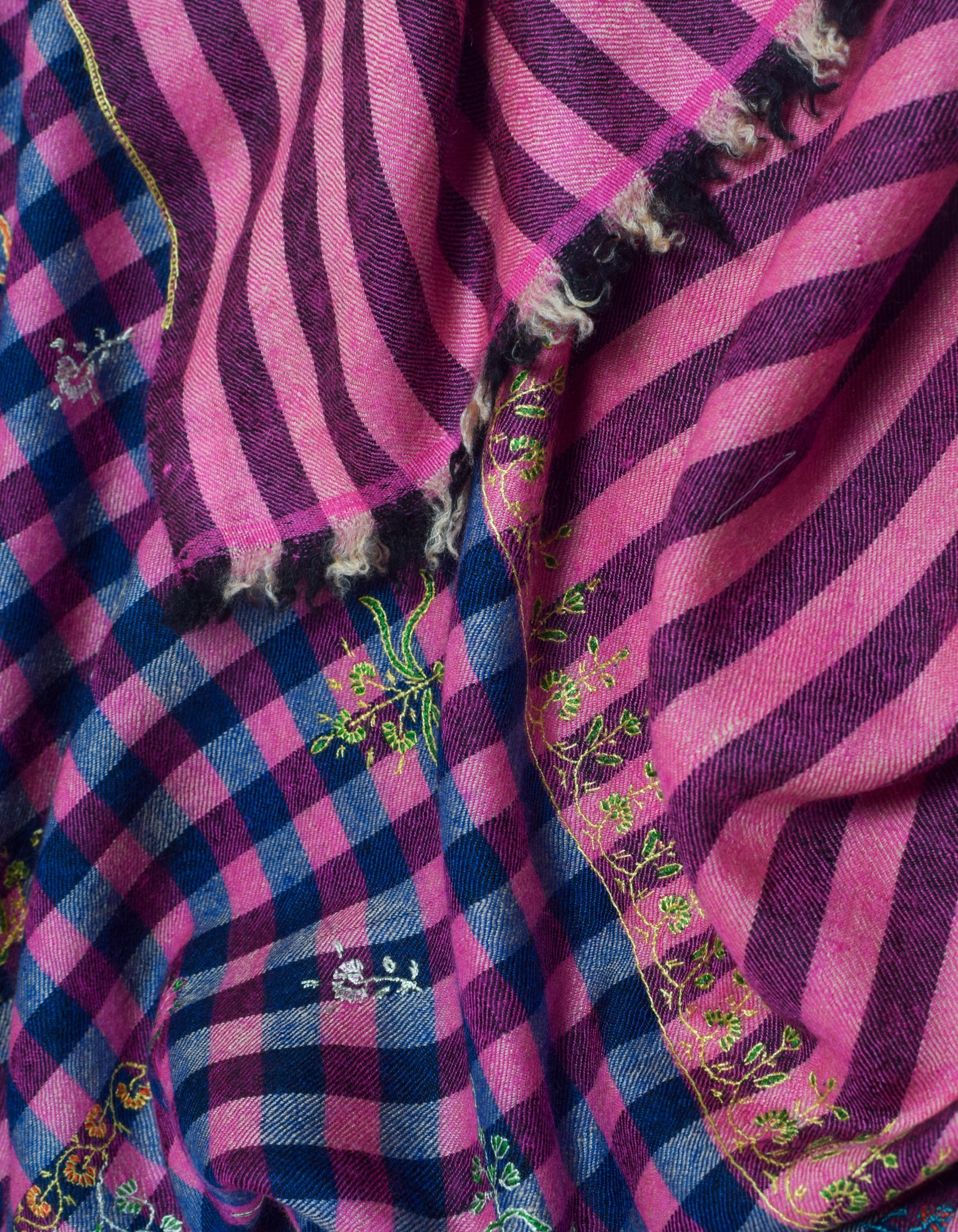 Modern Navy Pink Multi-Pattern Check Handwoven Embroidered Cashmere Pashmina Stole