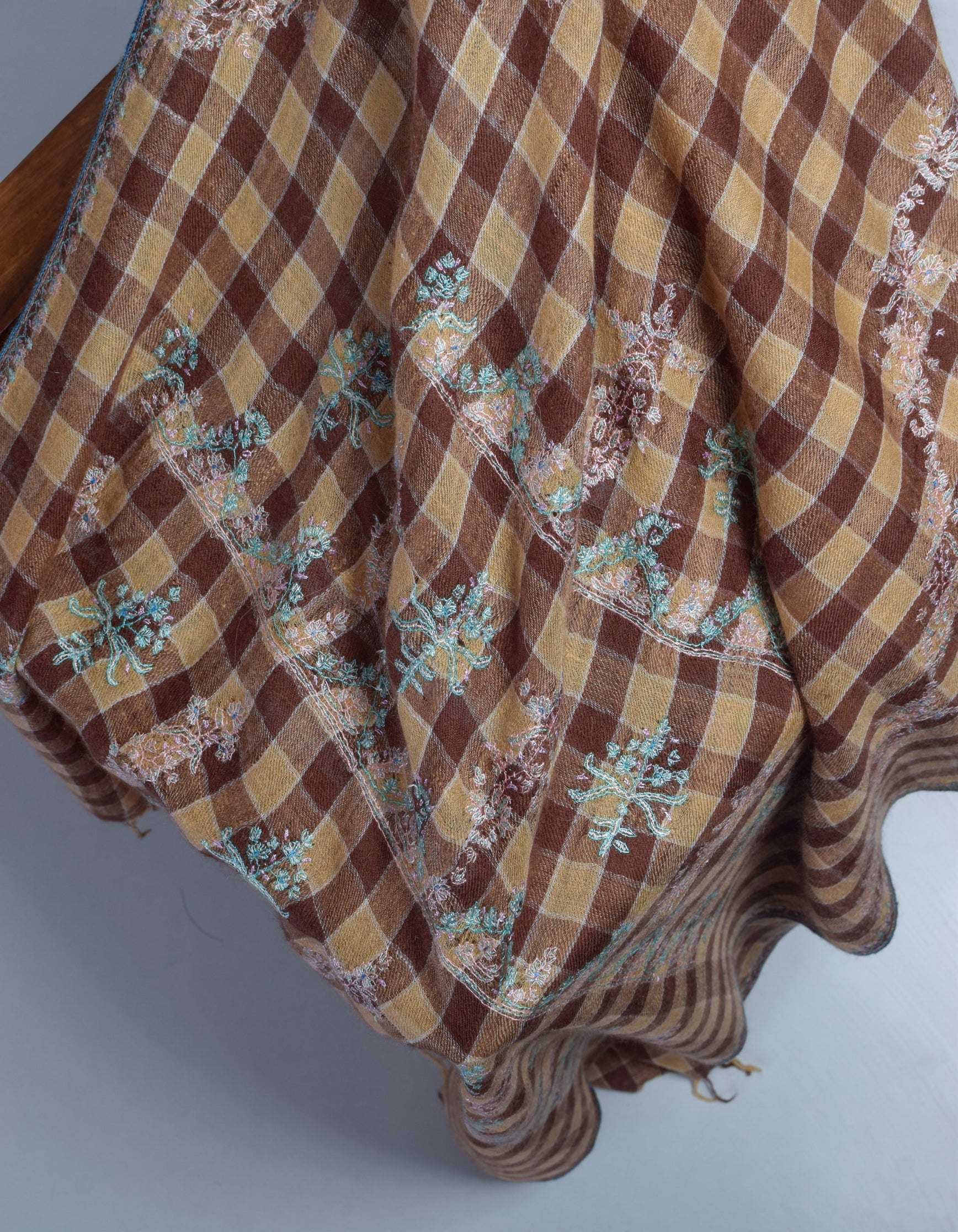 Modern Coffee Multi-Pattern Check Handwoven Embroidered Cashmere Pashmina Stole - Kashmir Box