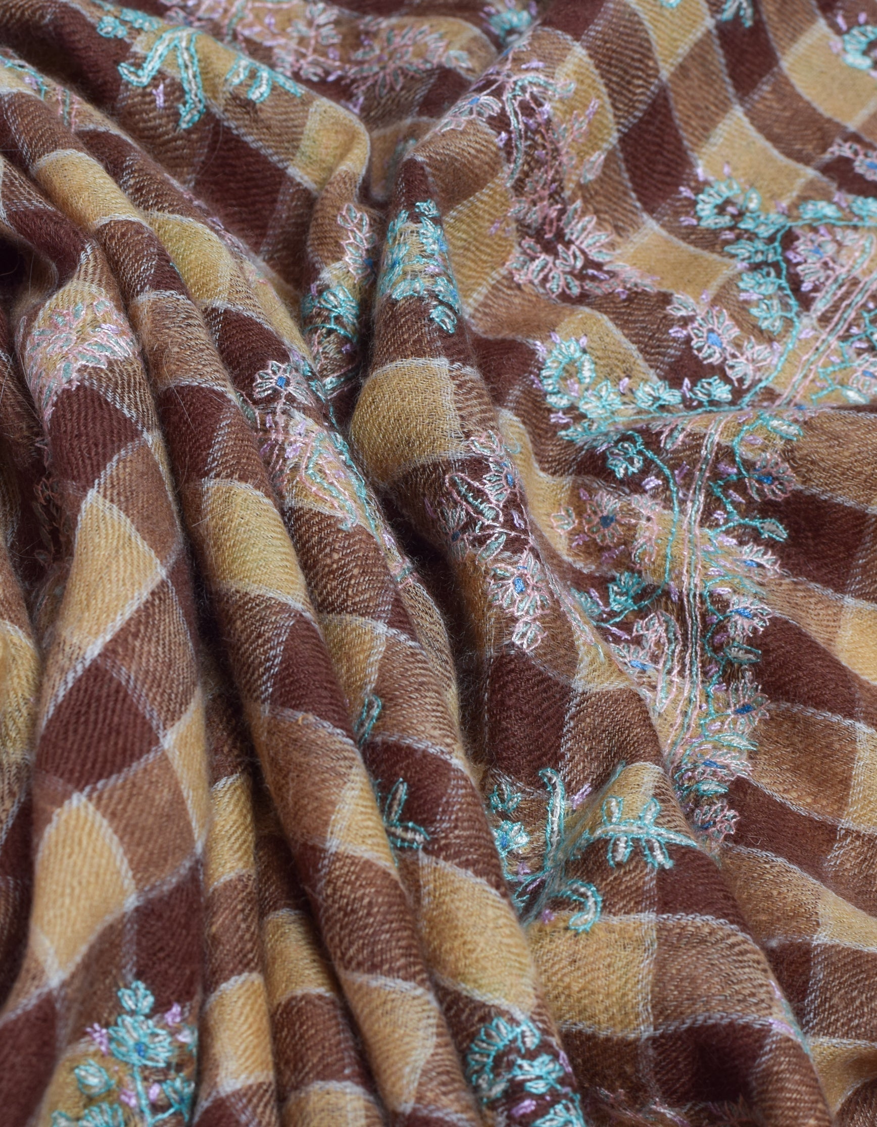Modern Coffee Multi-Pattern Check Handwoven Embroidered Cashmere Pashmina Stole - Kashmir Box