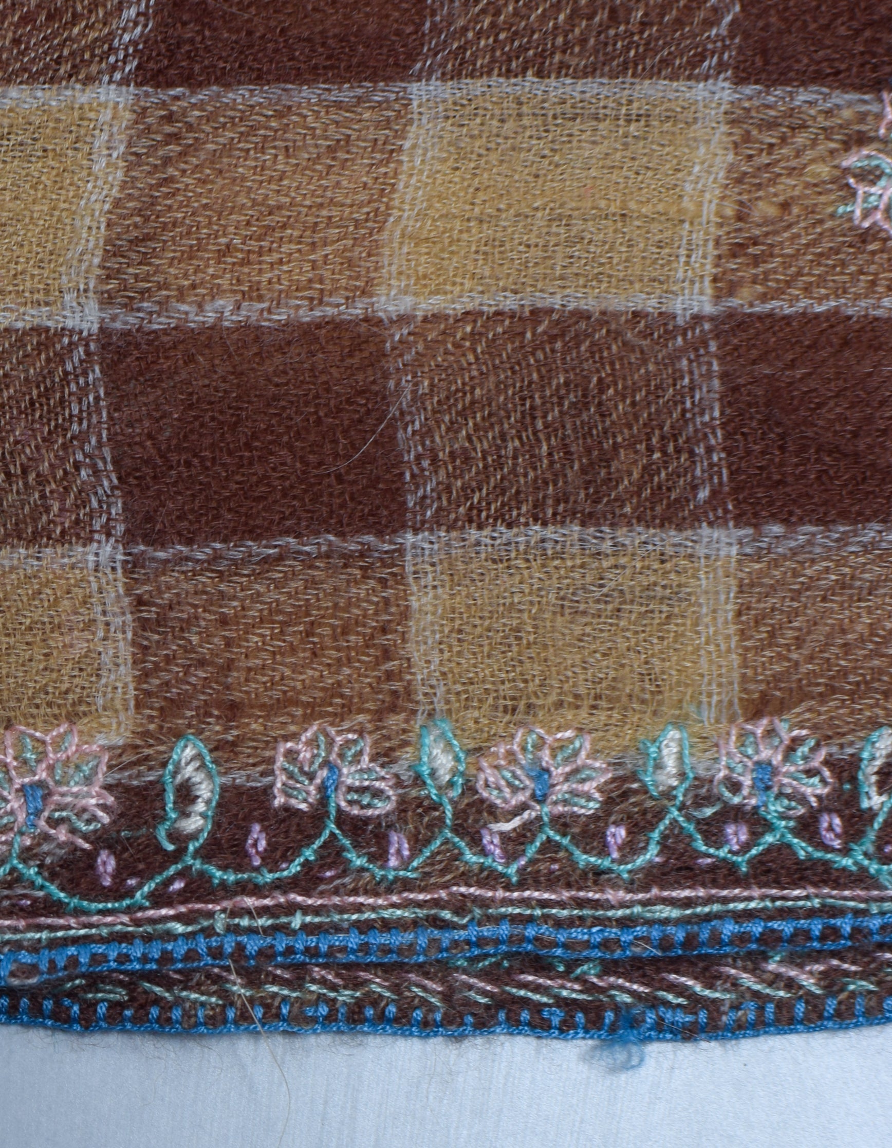 Modern Coffee Multi-Pattern Check Handwoven Embroidered Cashmere Pashmina Stole - Kashmir Box