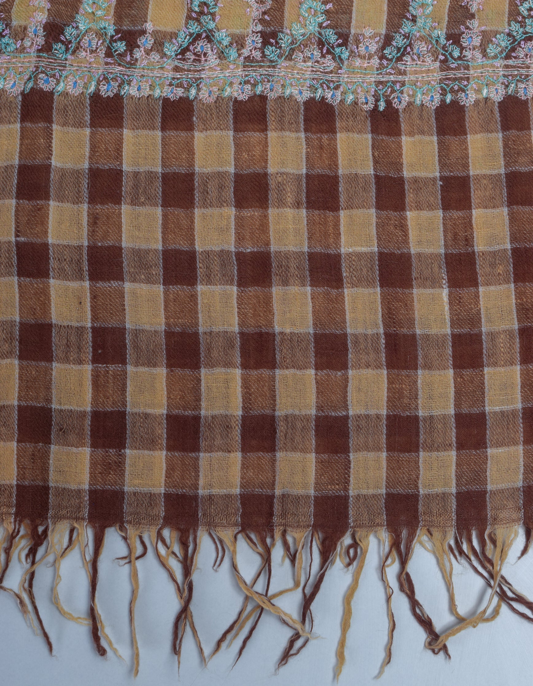 Modern Coffee Multi-Pattern Check Handwoven Embroidered Cashmere Pashmina Stole - Kashmir Box