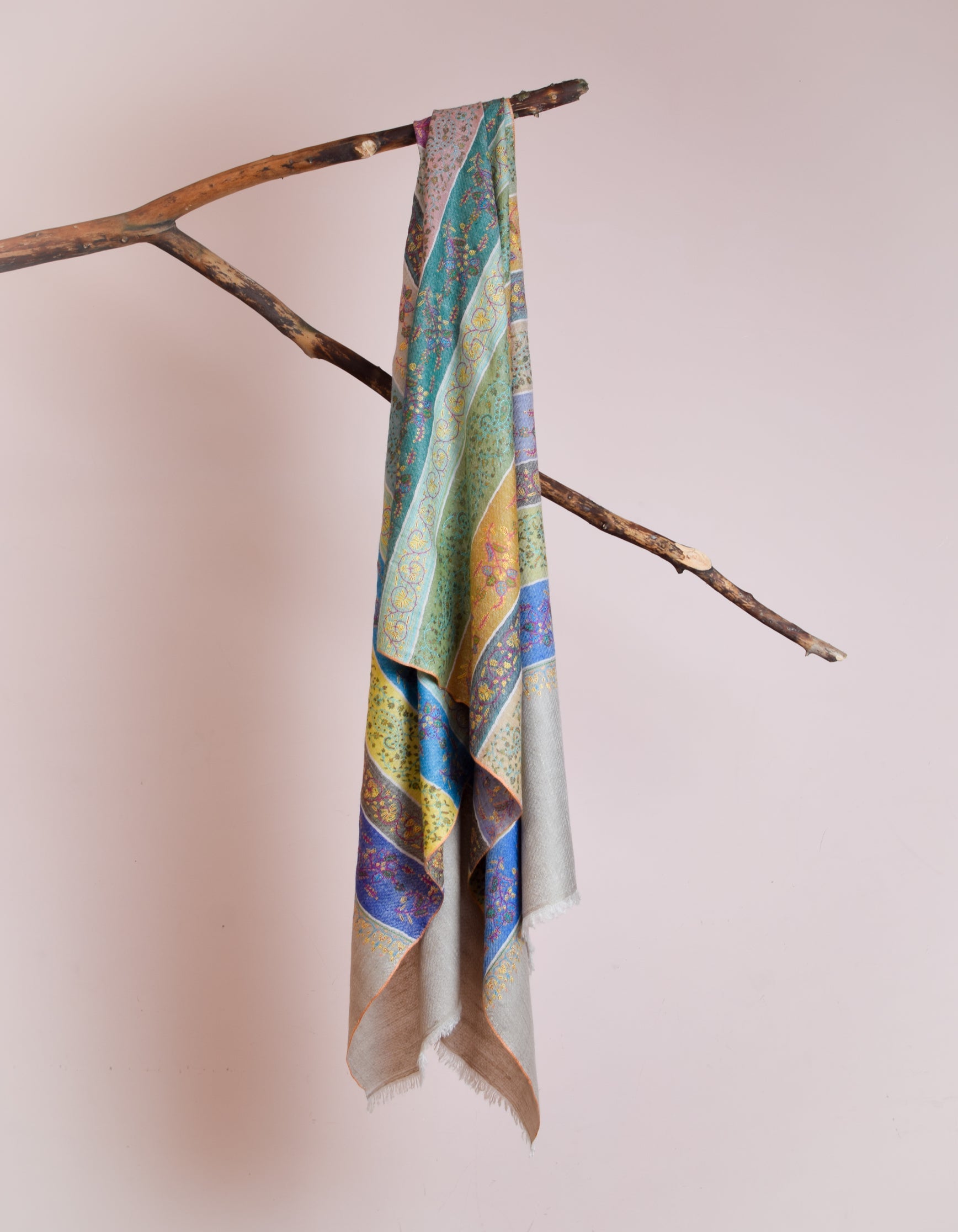 Modern Toned Handwoven Sozni Embroidered Pashmina Stripes Stole - Kashmir Box